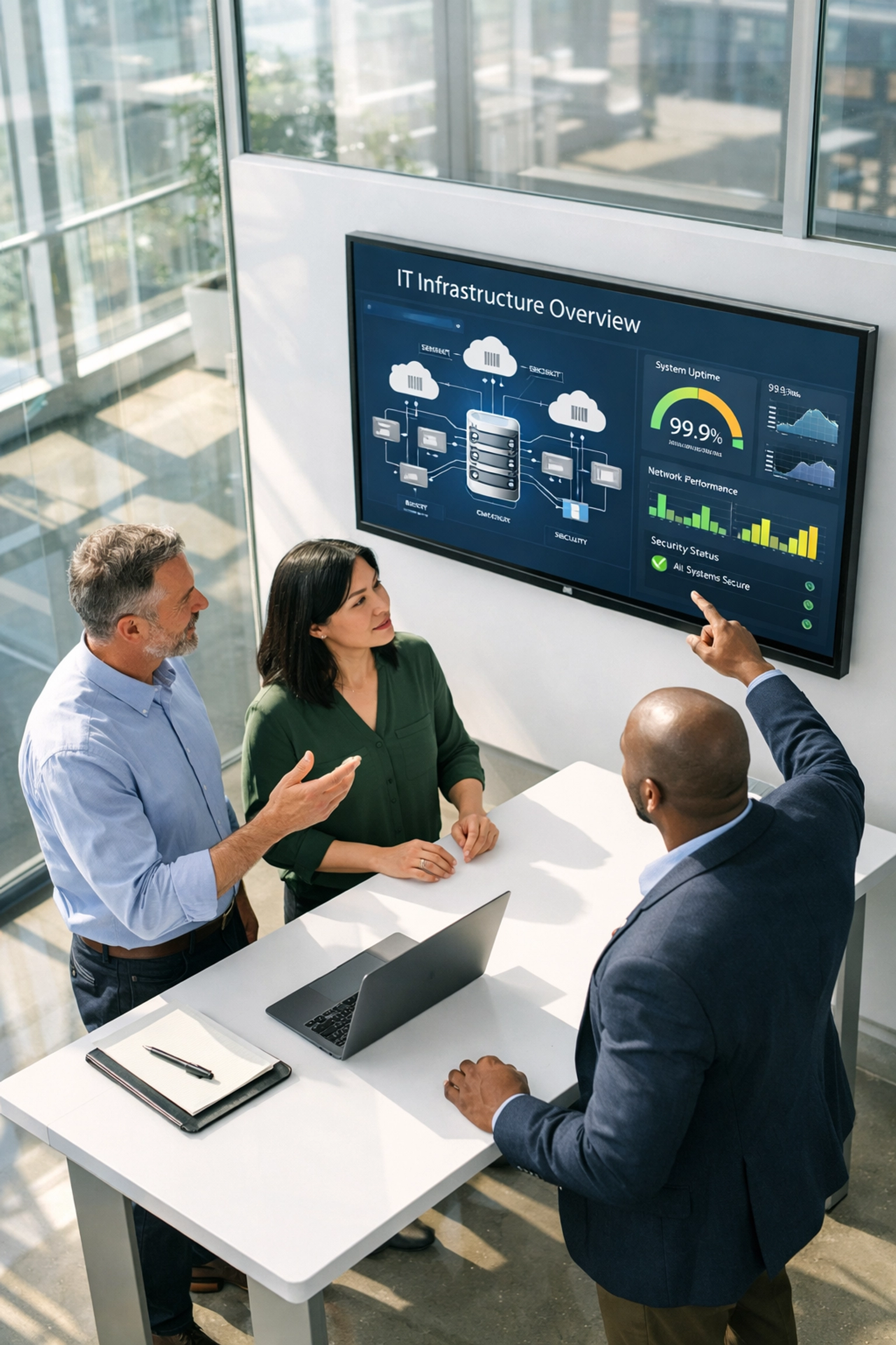 ServiceNow consulting services team analyzing ITOM data and infrastructure health in a modern office setting.