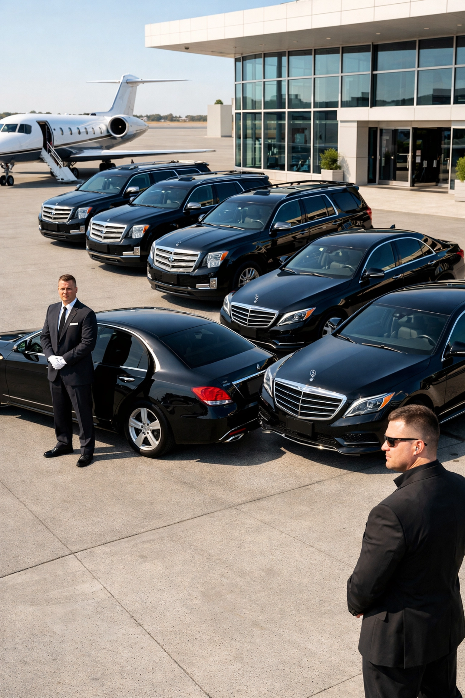Luxury SUVs and executive chauffeurs providing VIP transportation at a private airport terminal.