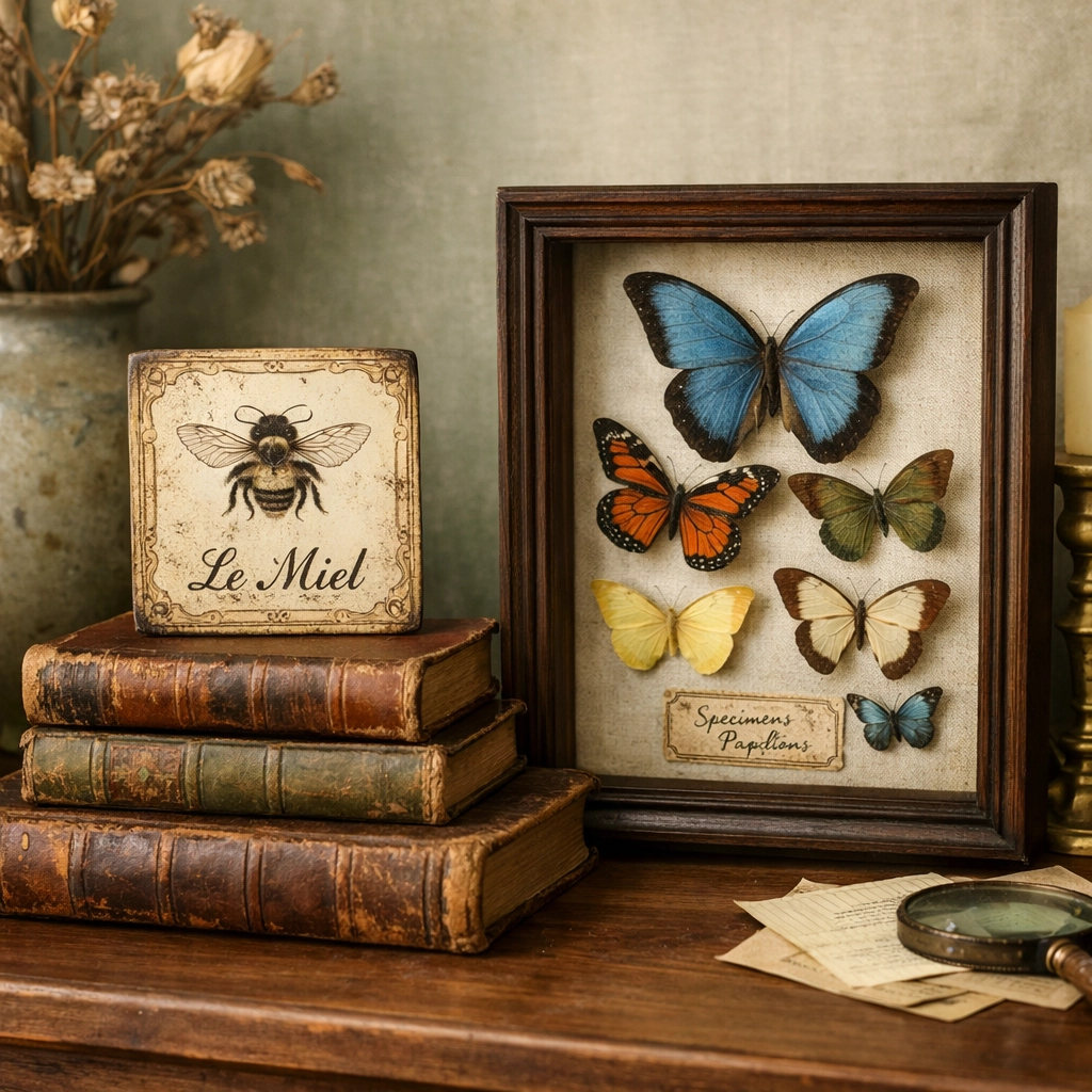Curated artisan treasures including a bee tin sign and vintage books for a collected home look.