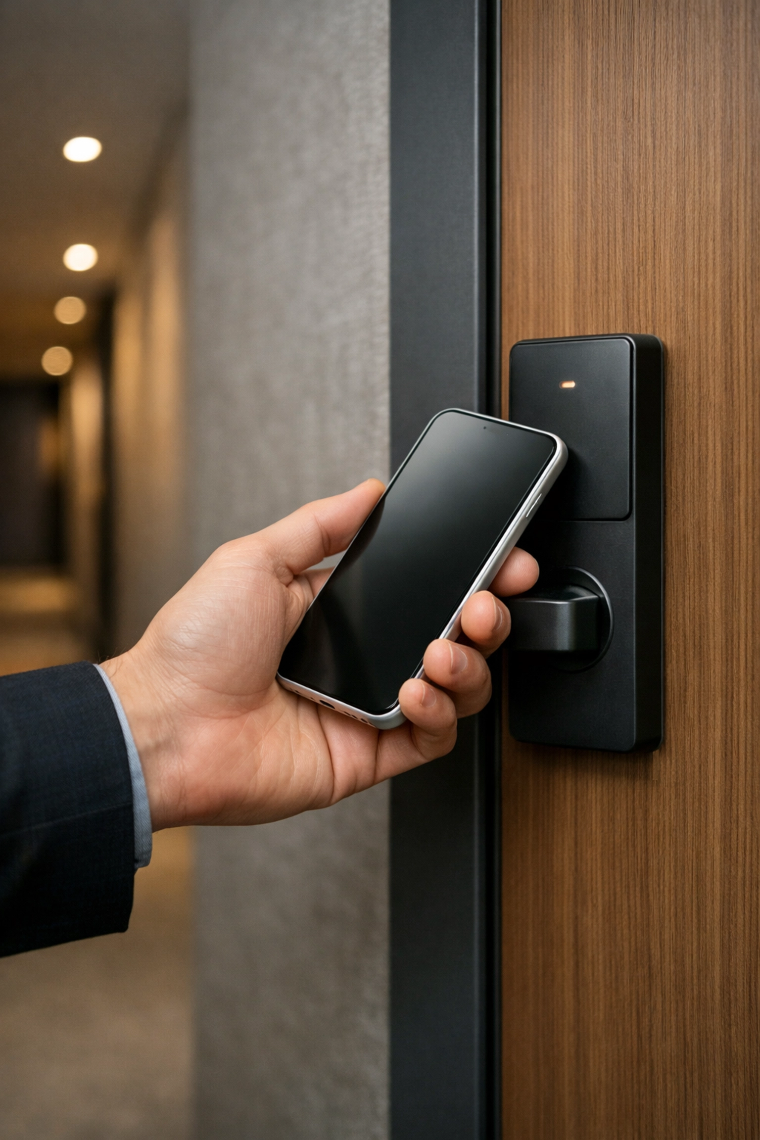 Using a digital room key on a smartphone for seamless mobile check-in and keyless hotel entry.