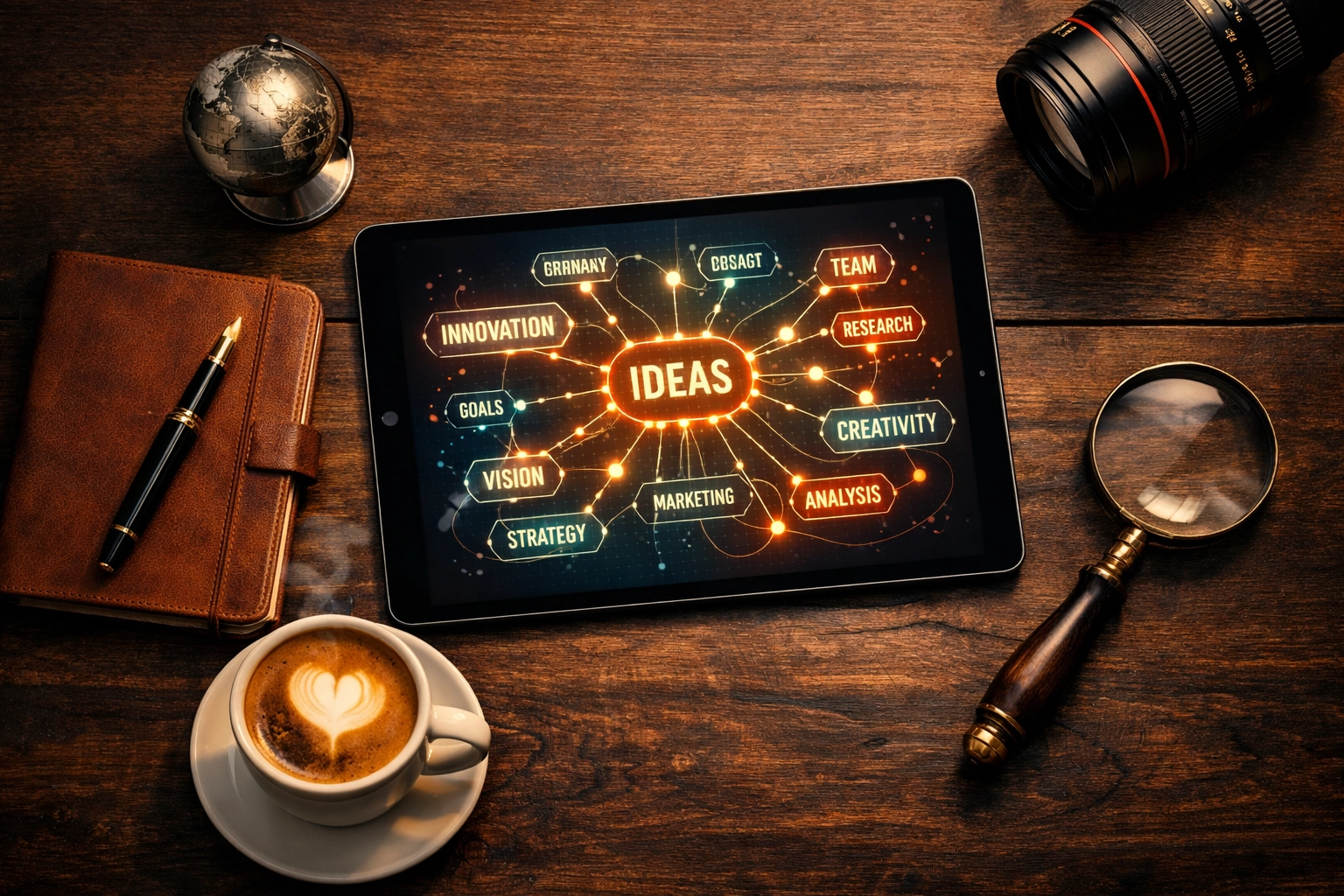 A professional workspace with a tablet showing a strategic content marketing and SEO roadmap.