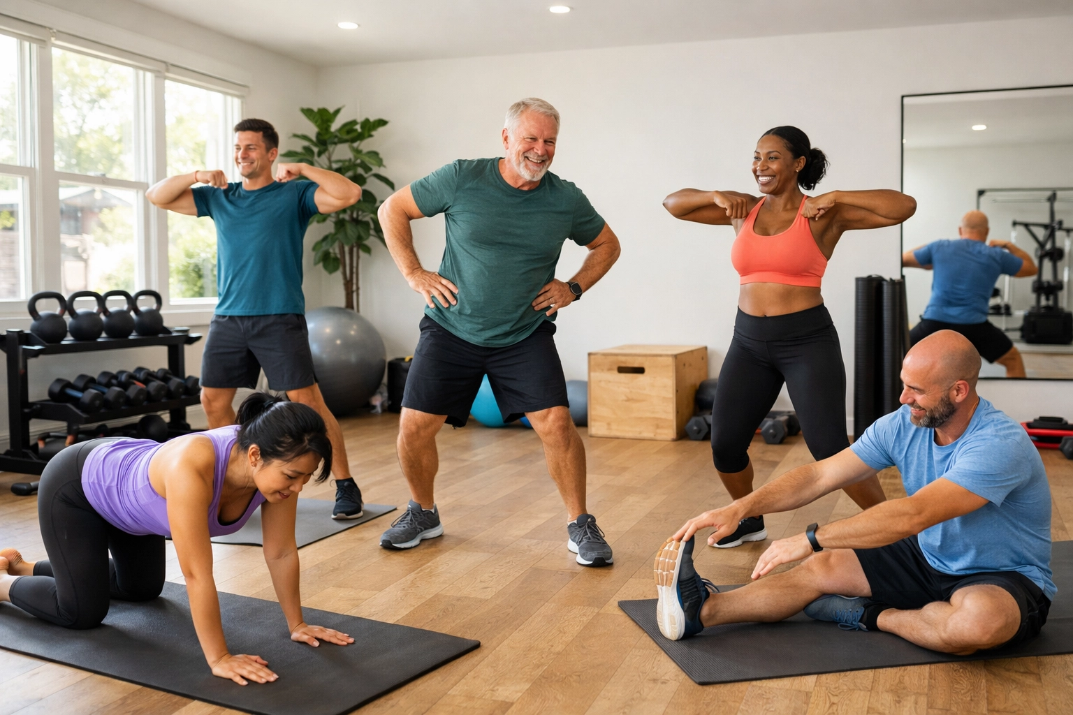 Groupe pratiquant une routine de mobilité à domicile avec différents exercices