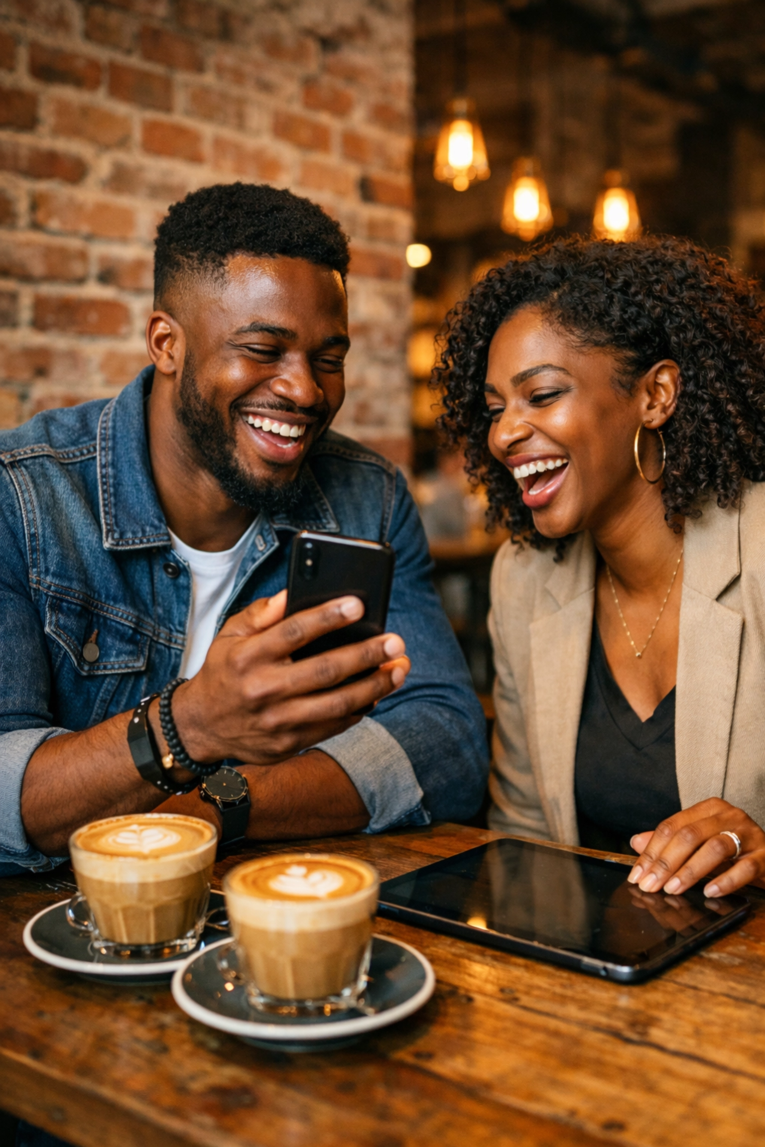 Two Black professionals in a cafe sharing content to support Black-owned businesses digitally.