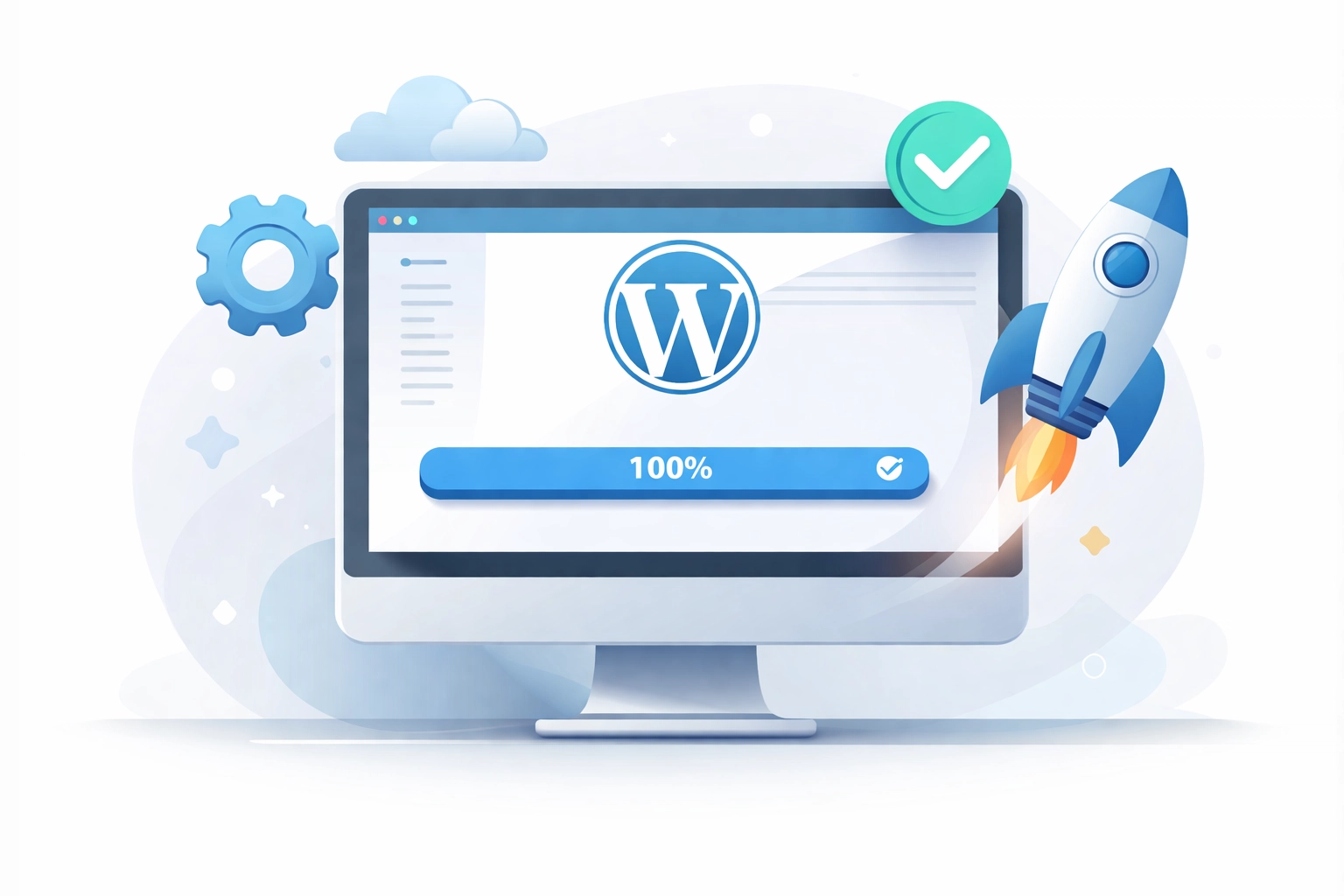 Monitor setup displaying WordPress installation process, symbolizing easy website launch for affiliate marketing.