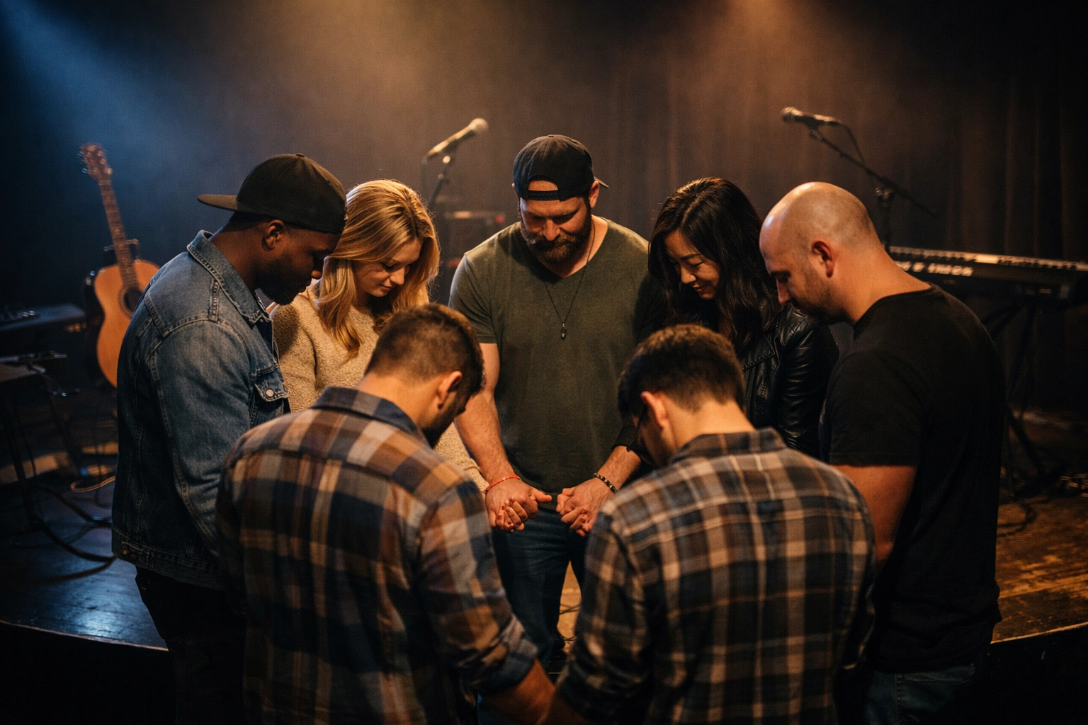 Diverse worship team in prayer circle on stage, fostering awe and spiritual unity
