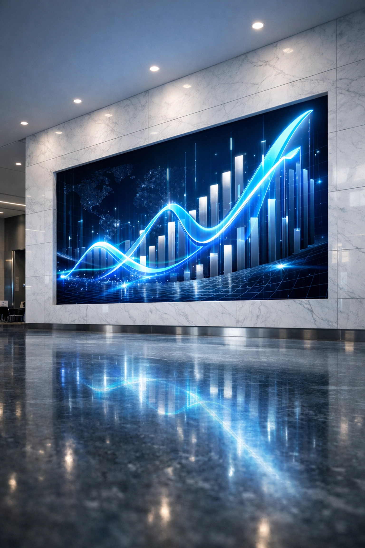 Sophisticated 3D digital signage installation on a marble wall demonstrating high-impact marketing visibility.