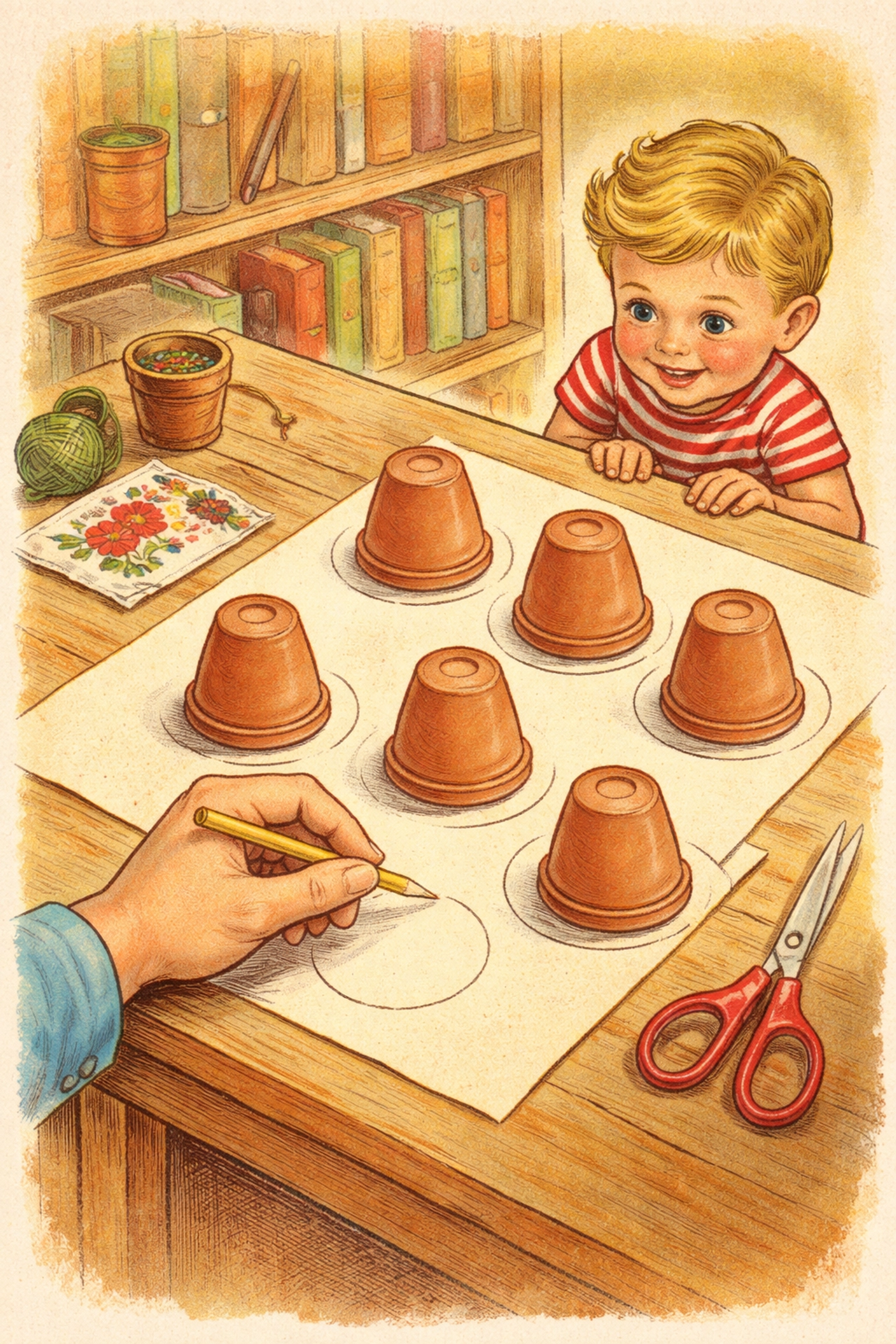 A parent and child tracing pot outlines on a bookshelf shelf, preparing for a DIY indoor herb garden project.