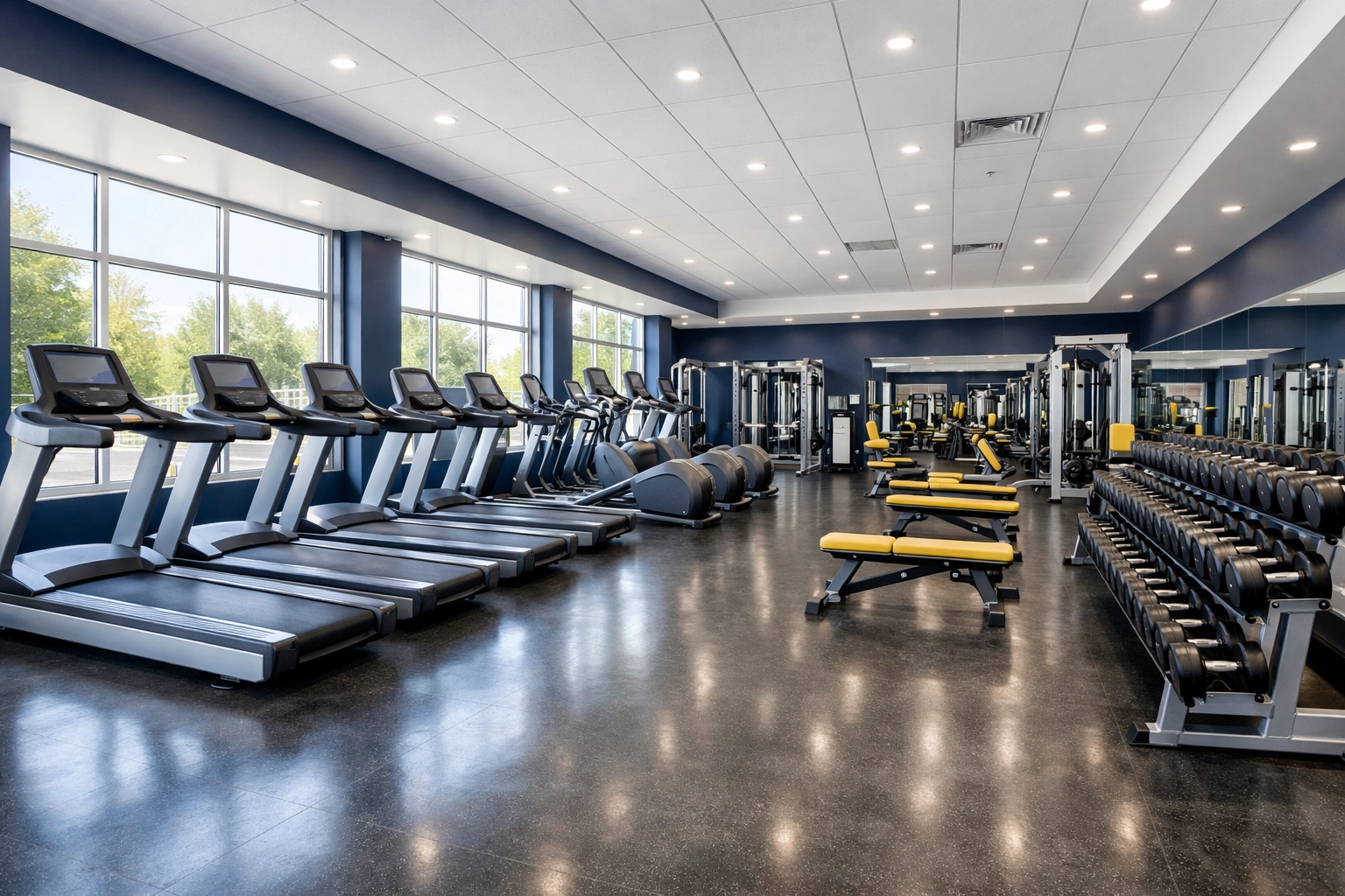 A clean and sanitized commercial gym interior in Leominster MA with polished floors and equipment.