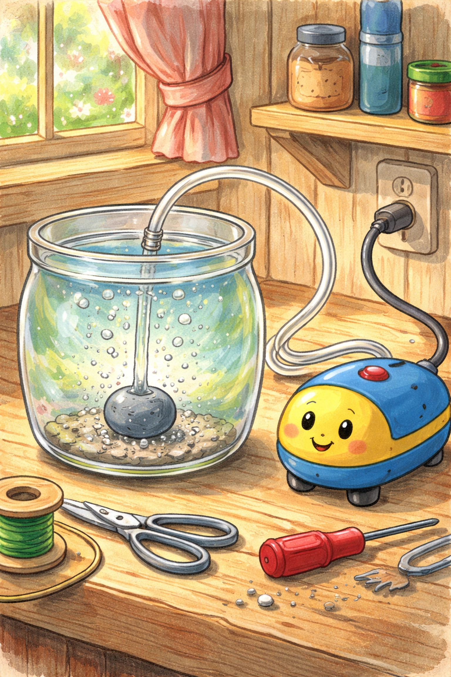 DIY air stone setup bubbles oxygen into hydroponic nutrient solution for healthy vertical garden roots.