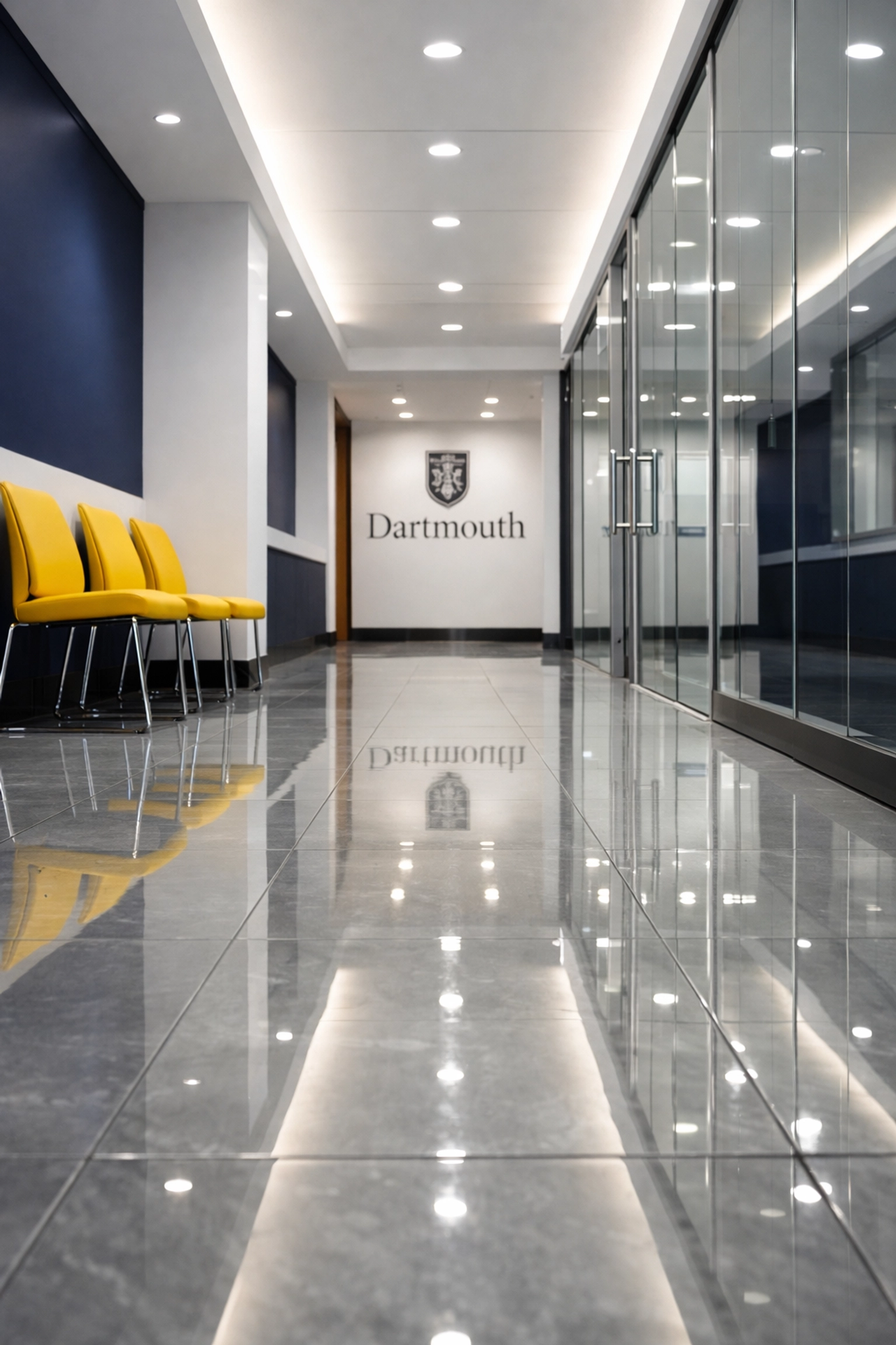 Clean corporate hallway in a Dartmouth office building with polished tile floors.