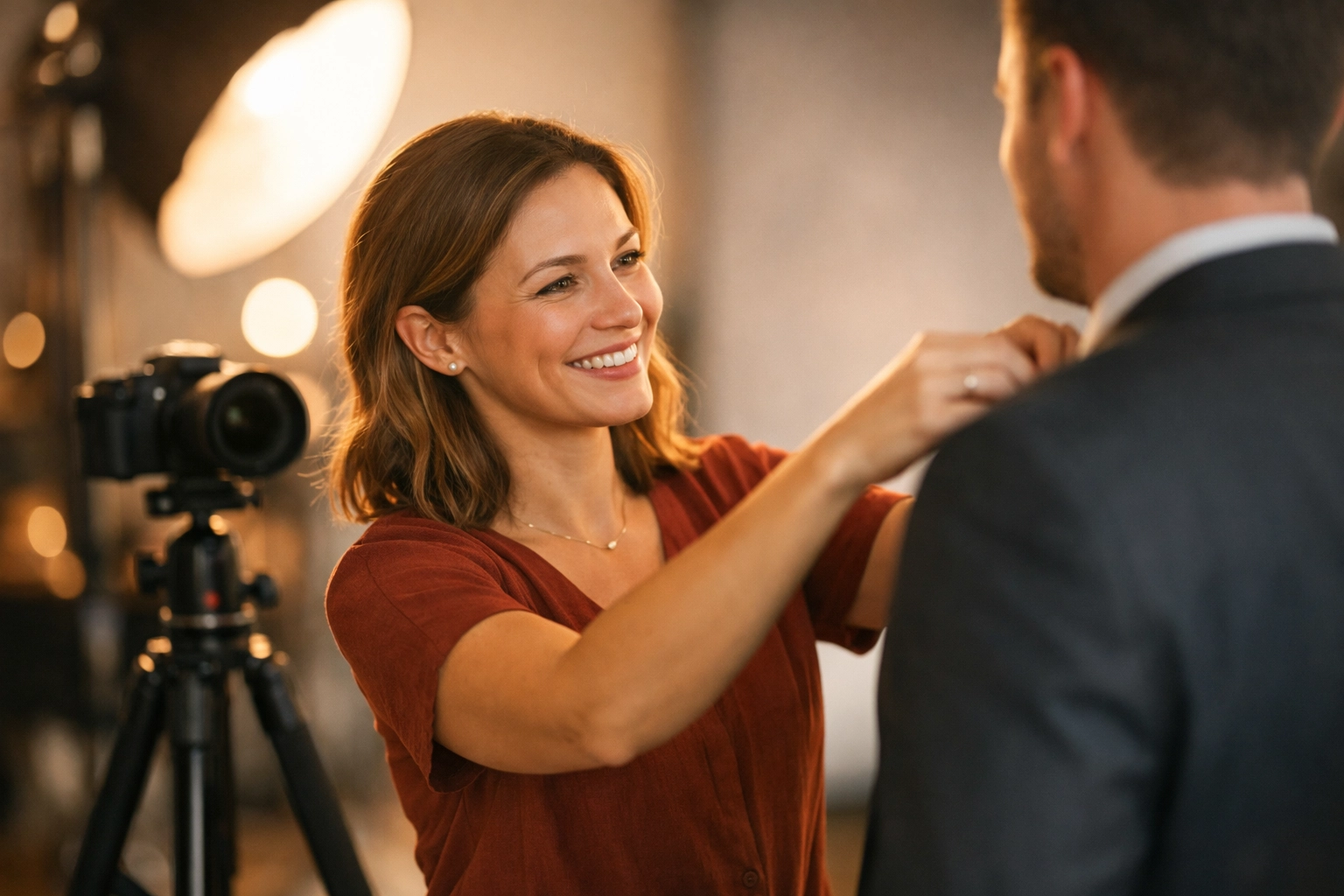A professional Houston photographer providing hands-on coaching during a studio headshot session.