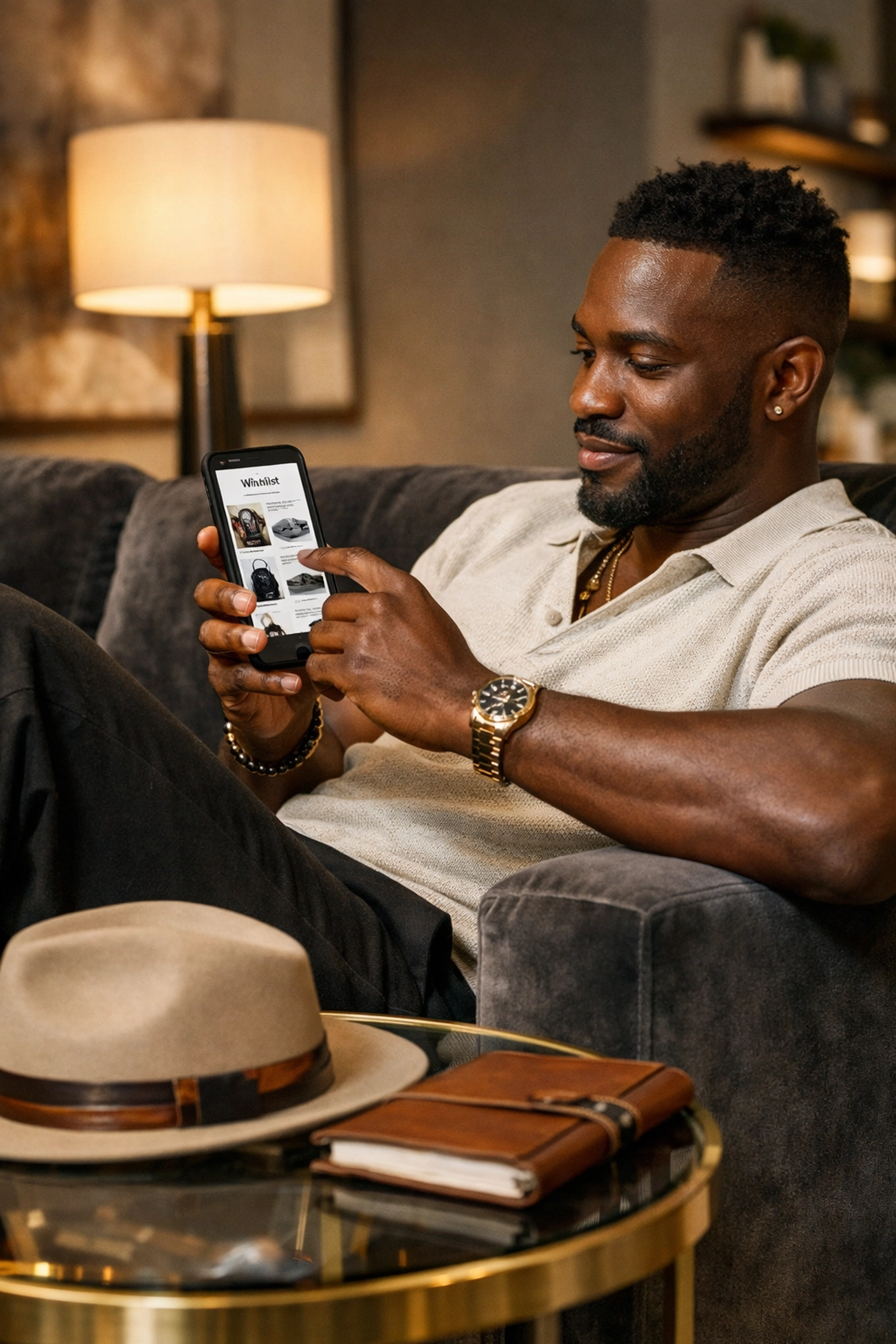 Stylish Black man using a smartphone to curate a wishlist of Black-owned products at home.