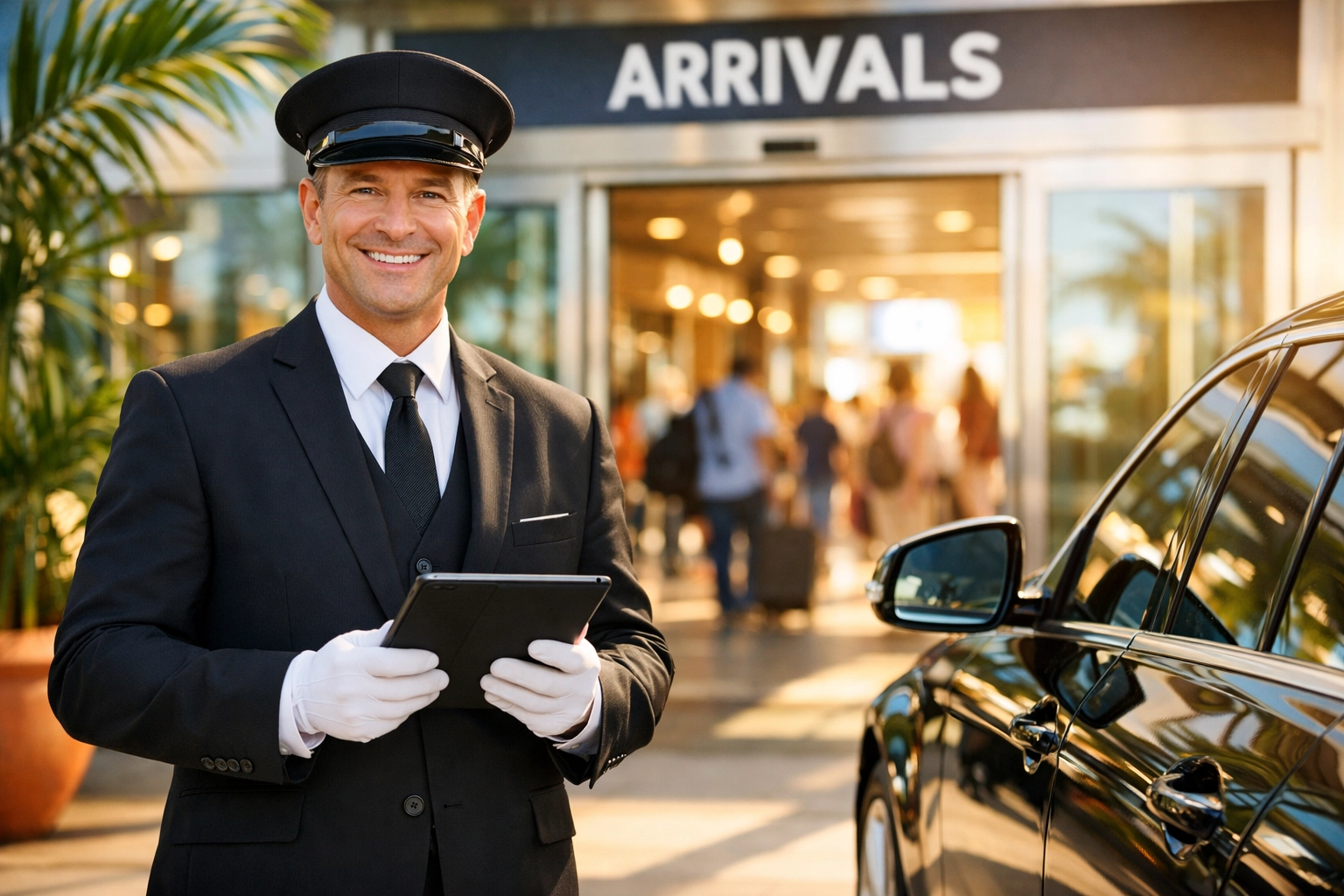 Professional chauffeur waiting at UK airport arrivals with luxury vehicle for pre-booked transfer