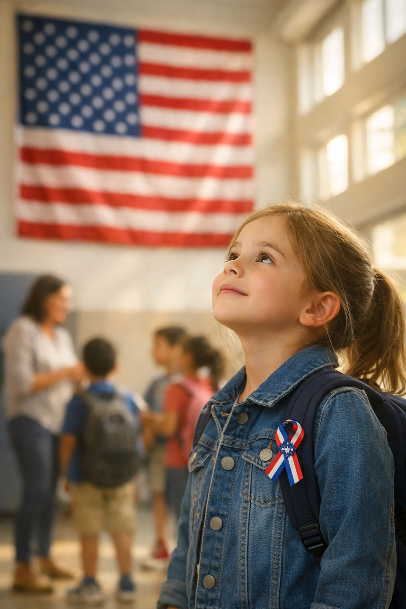 Young student inspired by the American flag in a school hallway, promoting civic education.