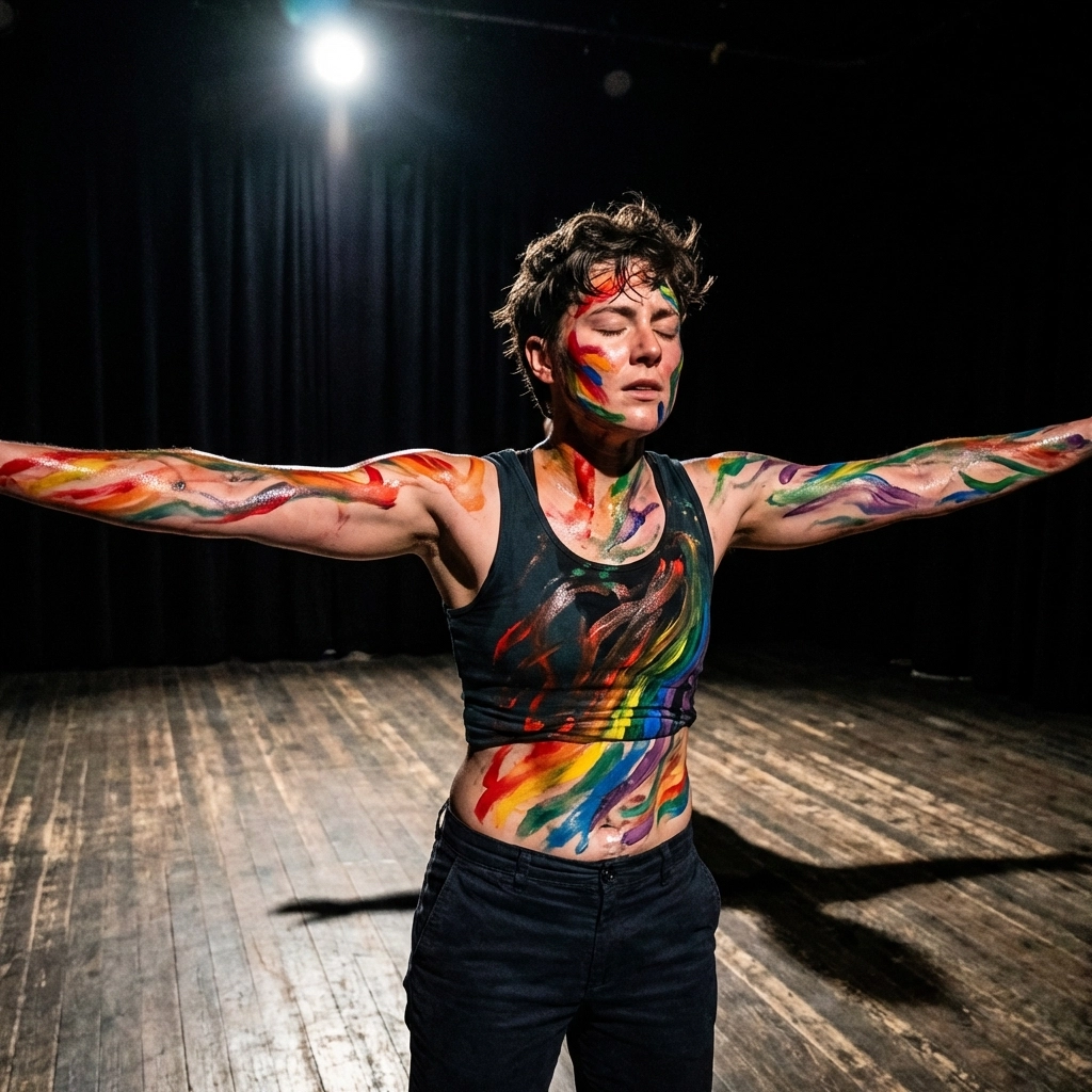 Queer performance artist with rainbow body paint on stage celebrating LGBTQ+ artistic expression