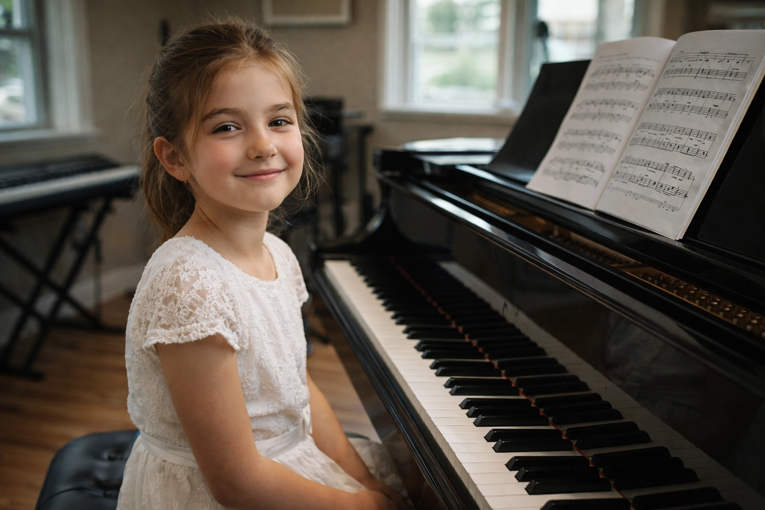 A young girl smiling at a grand piano, illustrating the confidence gained from piano lessons for kids.