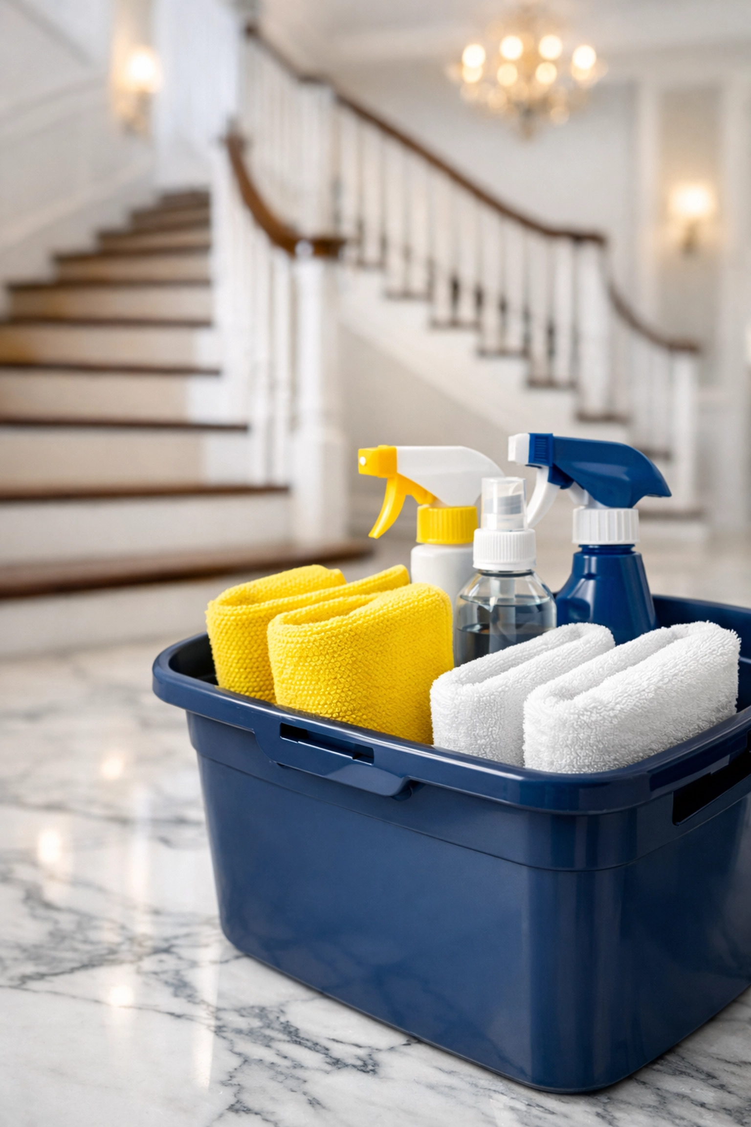 Professional cleaning kit in a luxury Weston MA home foyer with polished marble floors.