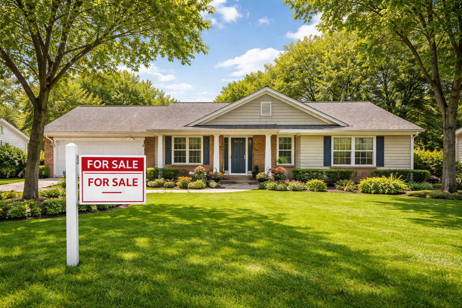 Front view of a ranch-style home for sale in Bloomington IL with green lawn and bright spring sky