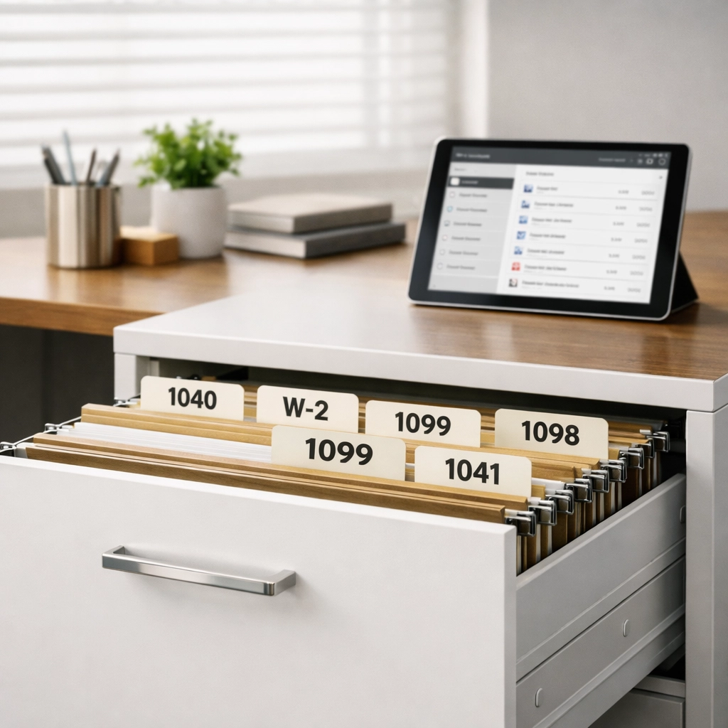 Organized tax filing system with ERO client records and compliance documentation