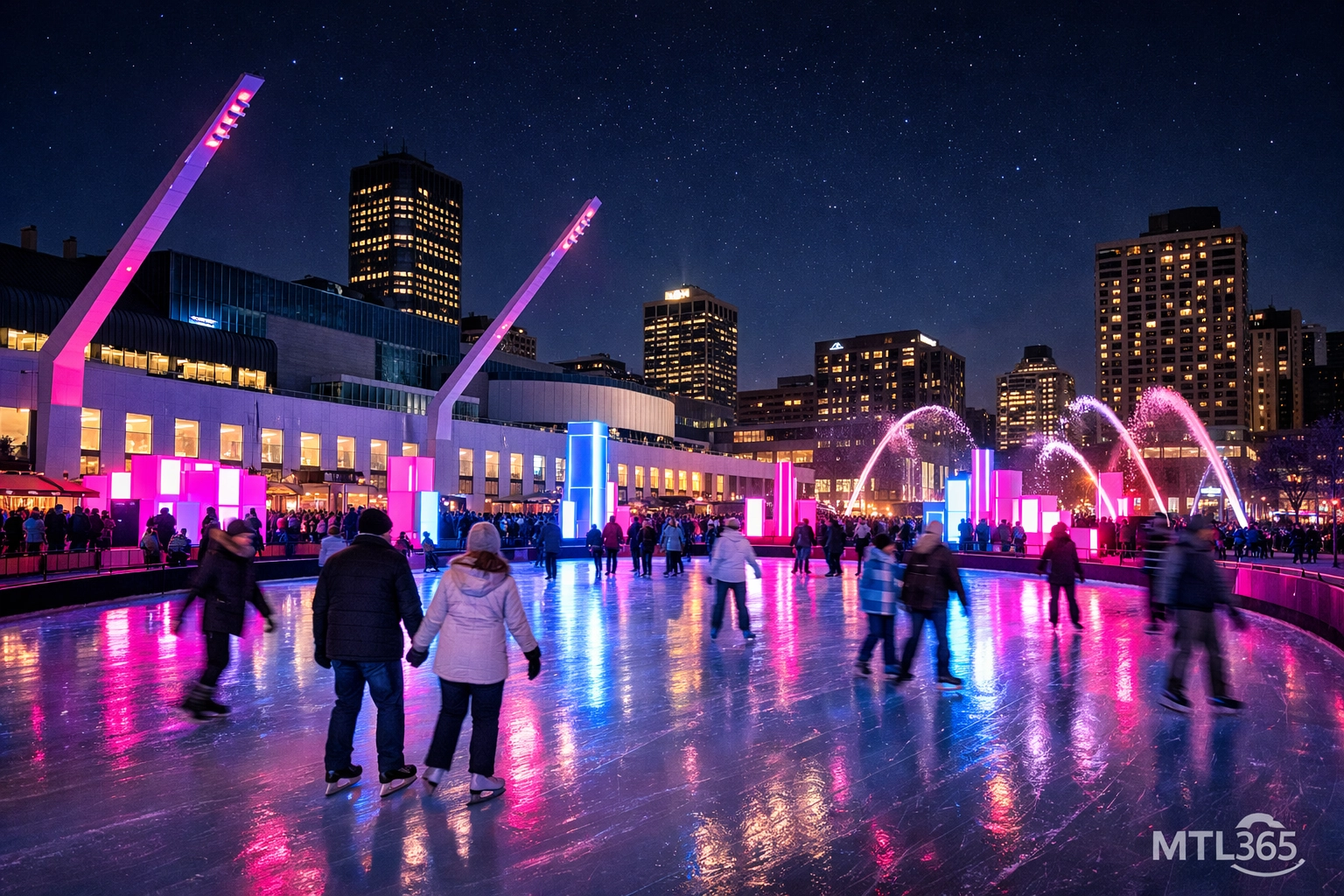 People ice skating at Montréal en Lumière with glowing light installations in downtown Montreal.
