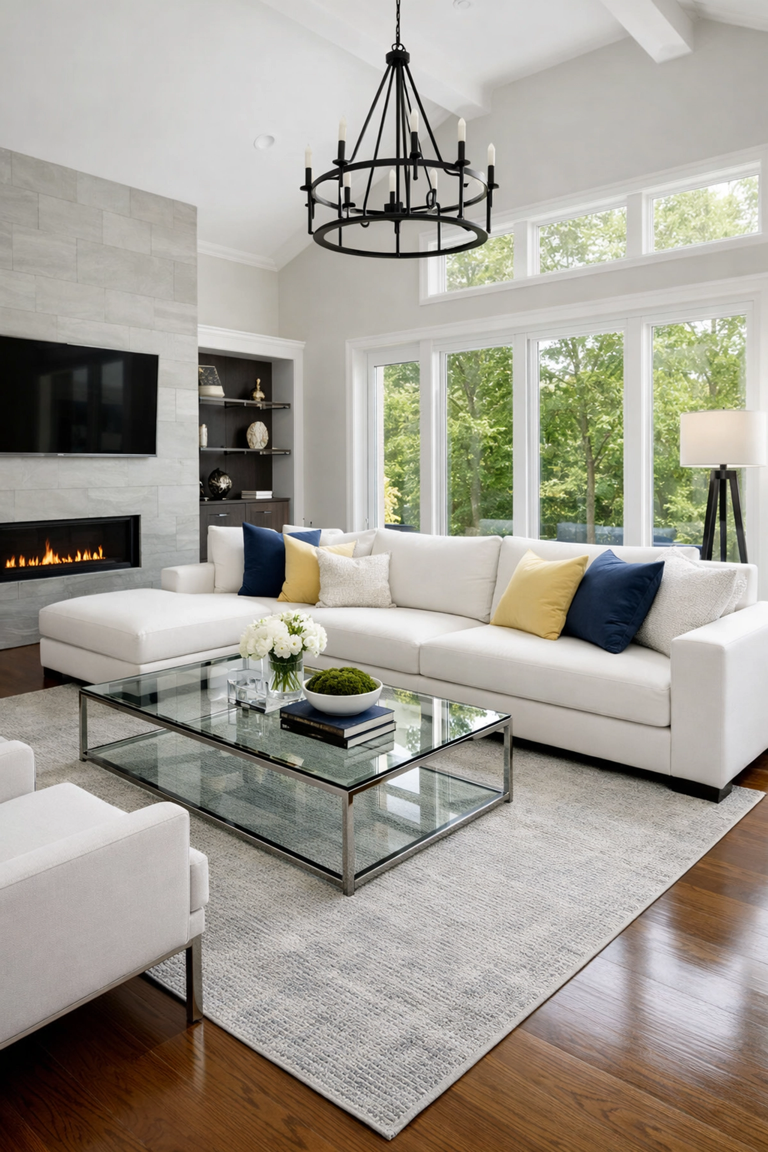 Clean and organized modern living room in Southborough following professional house cleaning.