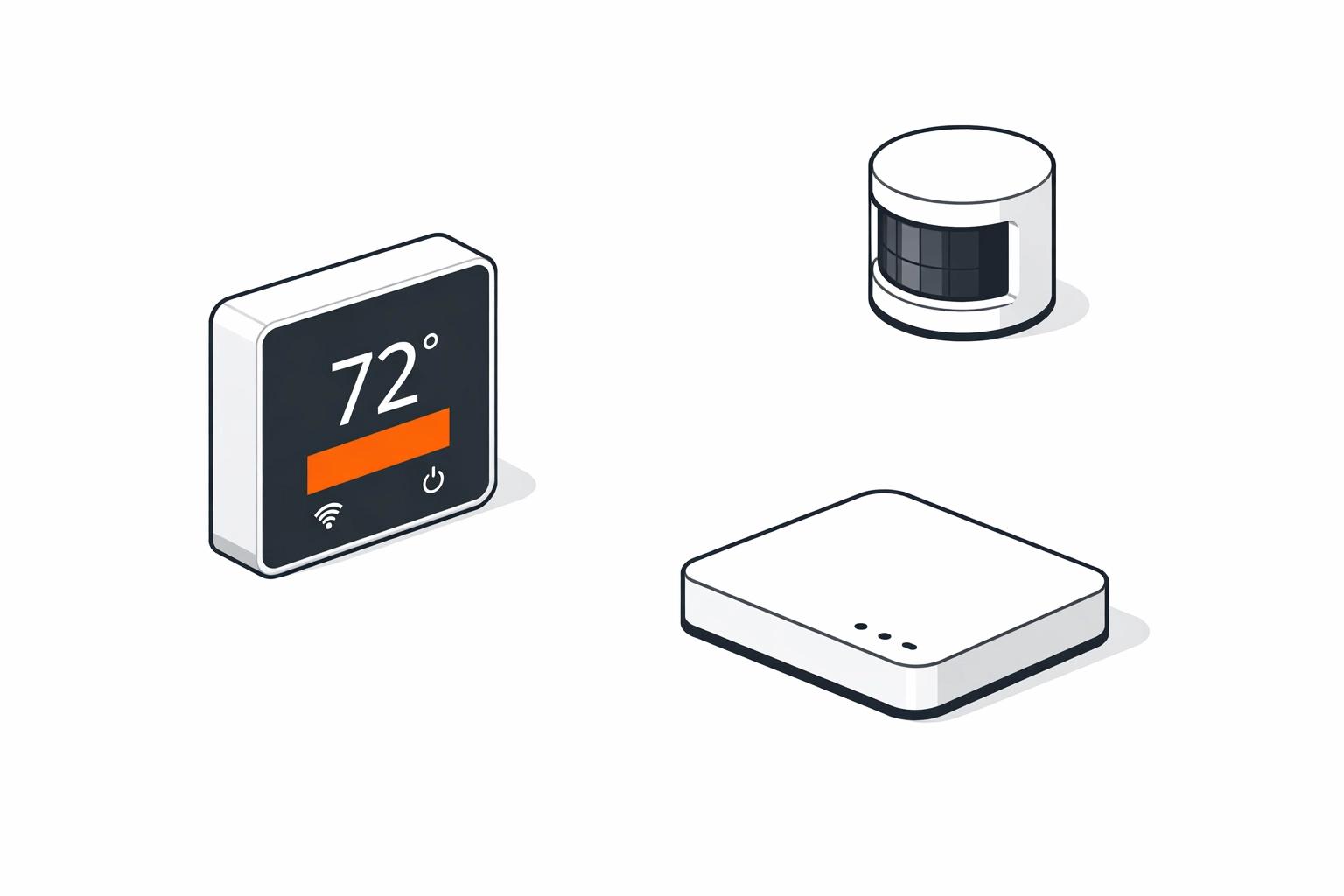 Essenzielle Smart Home Hardware: Thermostat, Gateway und Bewegungsmelder im Überblick.