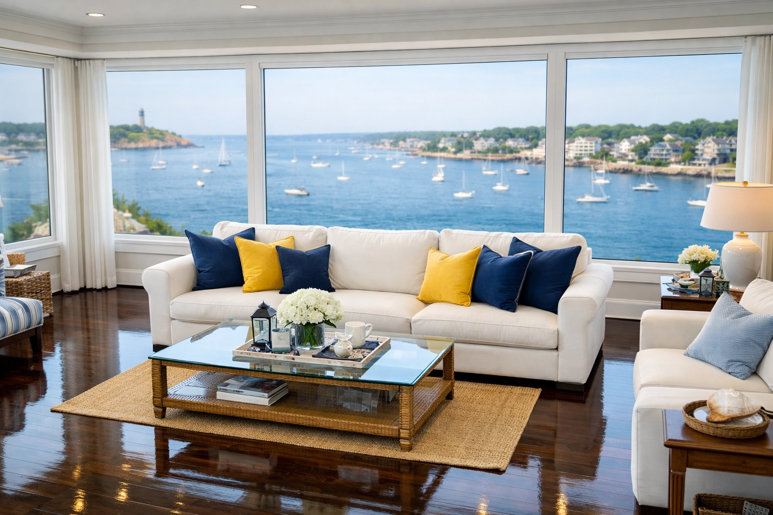 Immaculate coastal living room in Marblehead featuring polished floors and ocean views after luxury house cleaning.