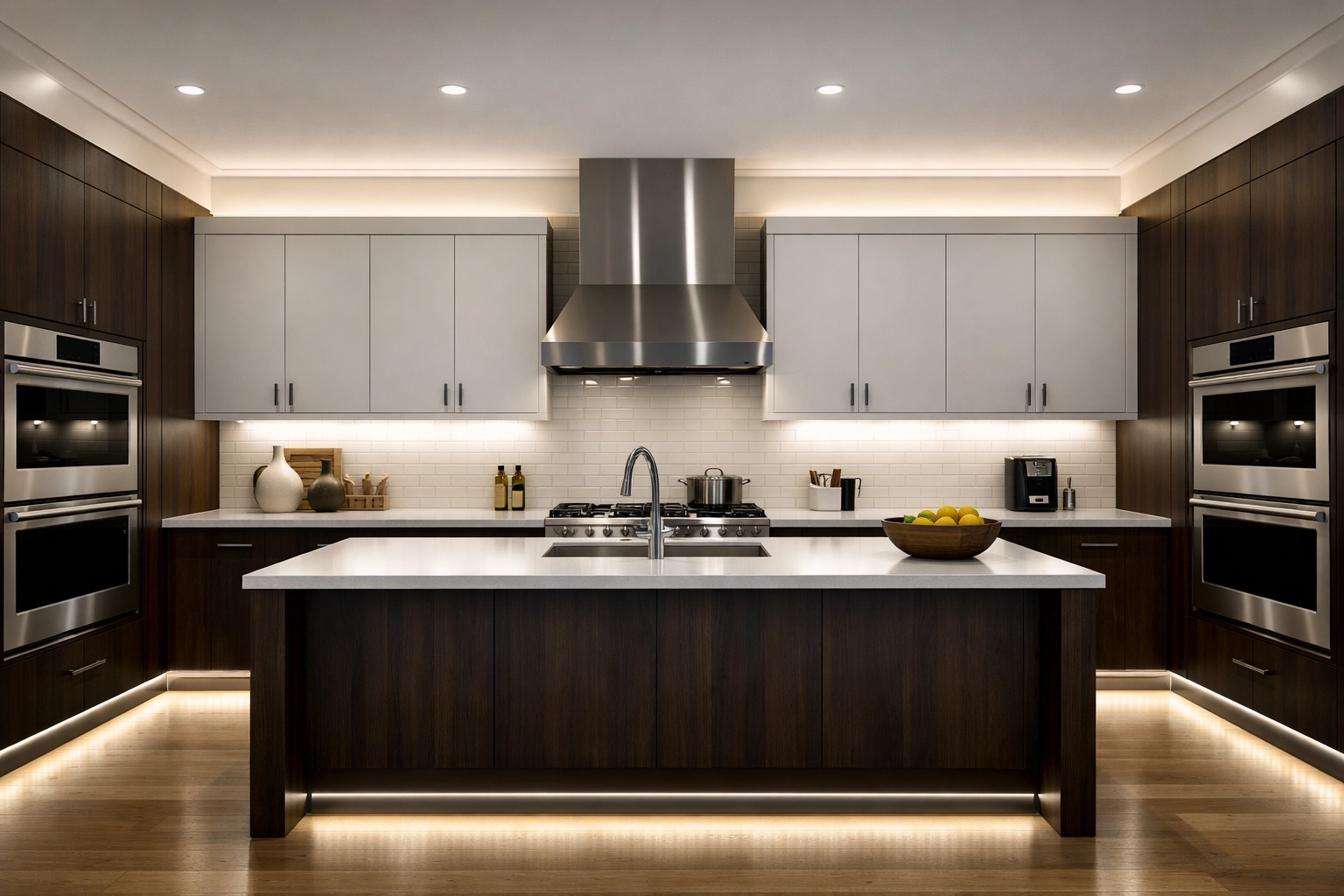 Superposition d'éclairage LED dans une cuisine avec lumières de travail et accents décoratifs.