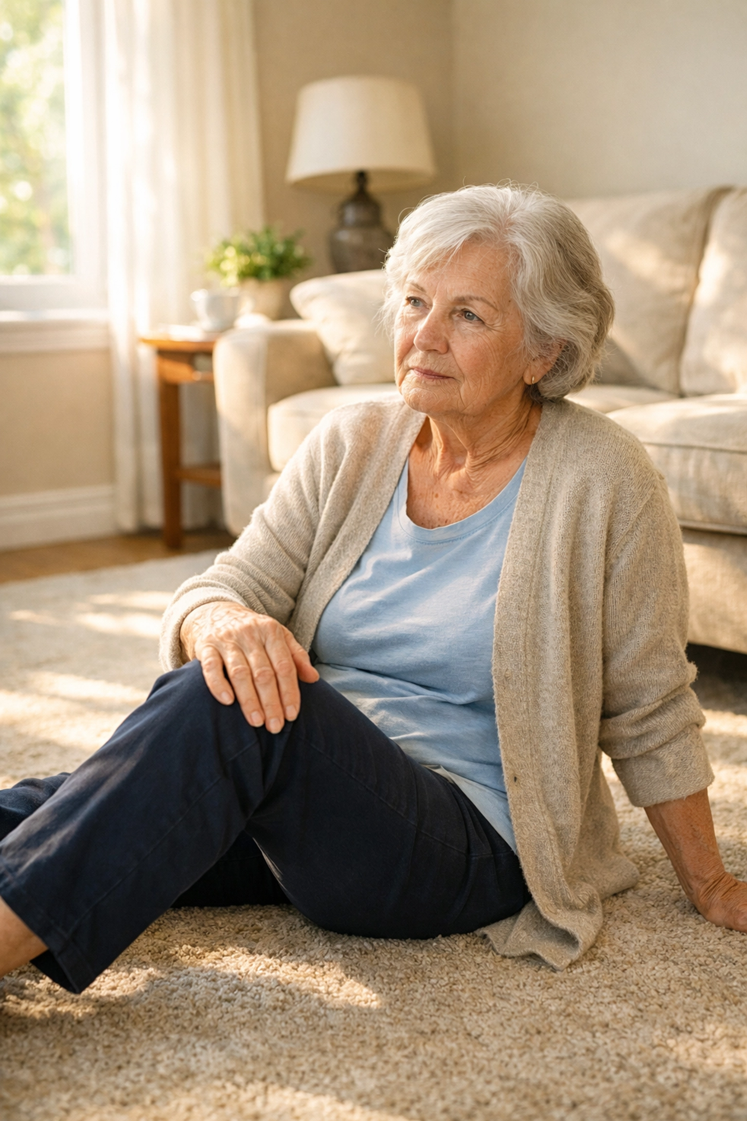 Senior woman sitting on floor assessing herself after a fall before attempting to get up safely