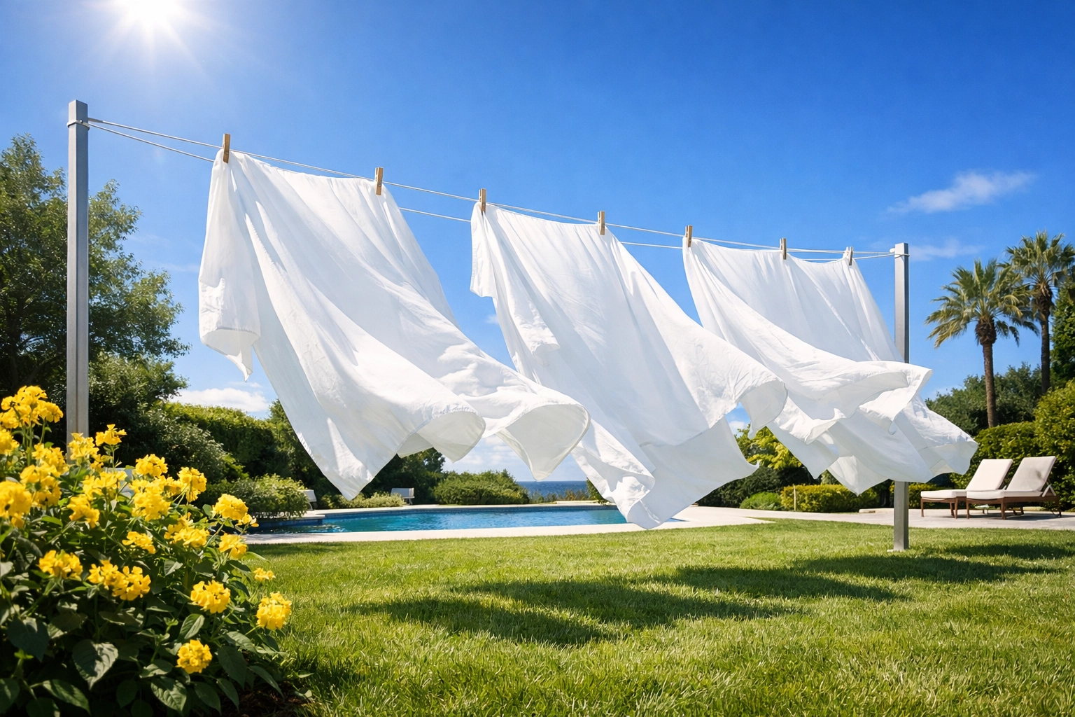 Clean white bedsheets hanging to dry on a clothesline in the bright sun.
