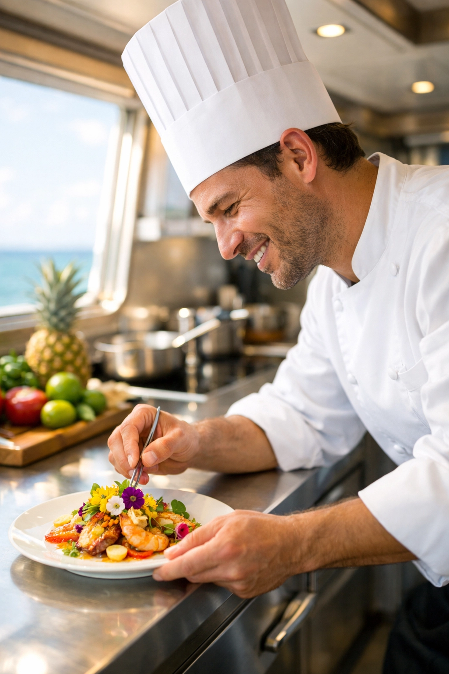 Expert chef plating gourmet meals as part of the high-end amenities on a luxury boat.
