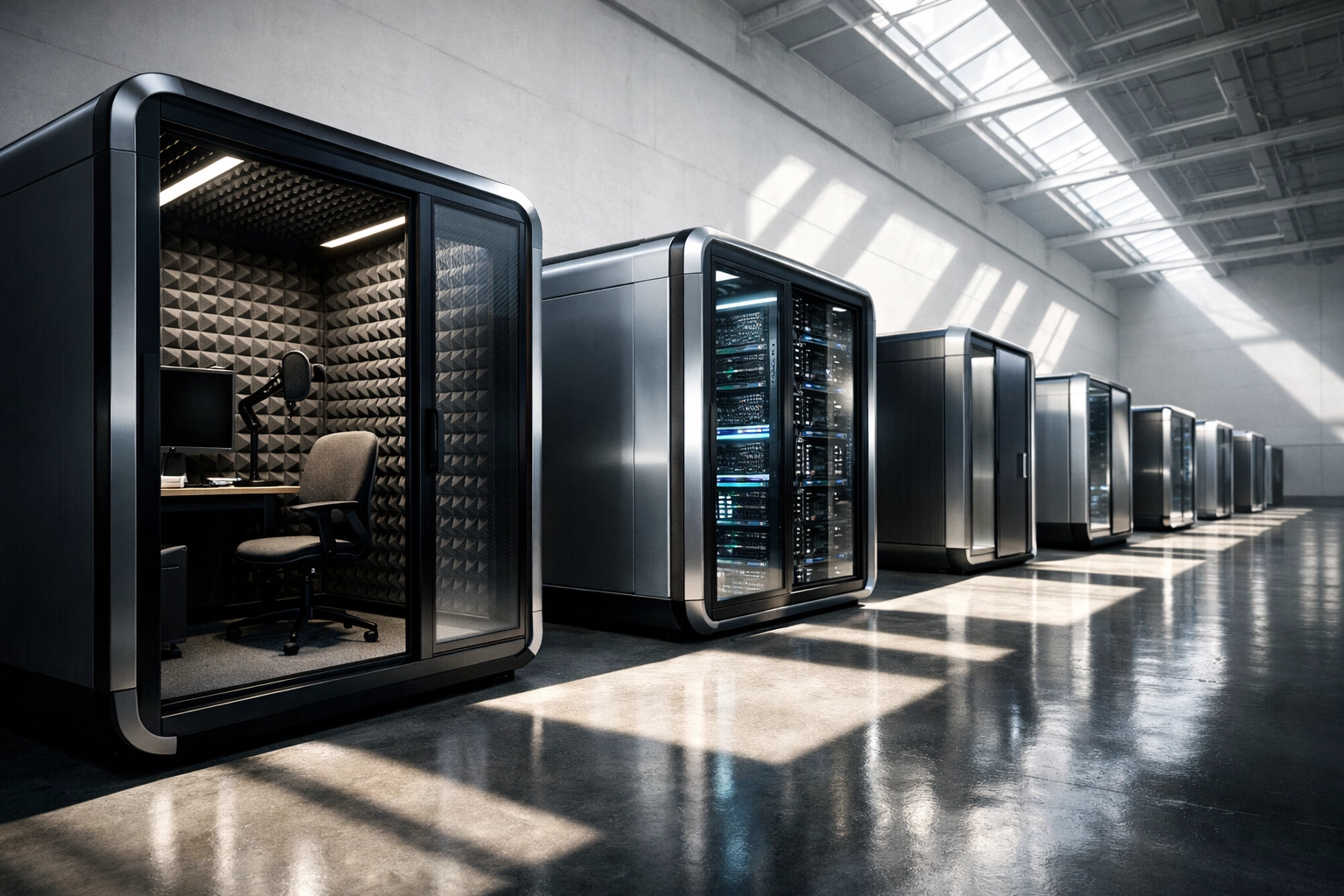 A row of scalable high-tech modular pods in a modern facility, showcasing future-proofed business infrastructure.