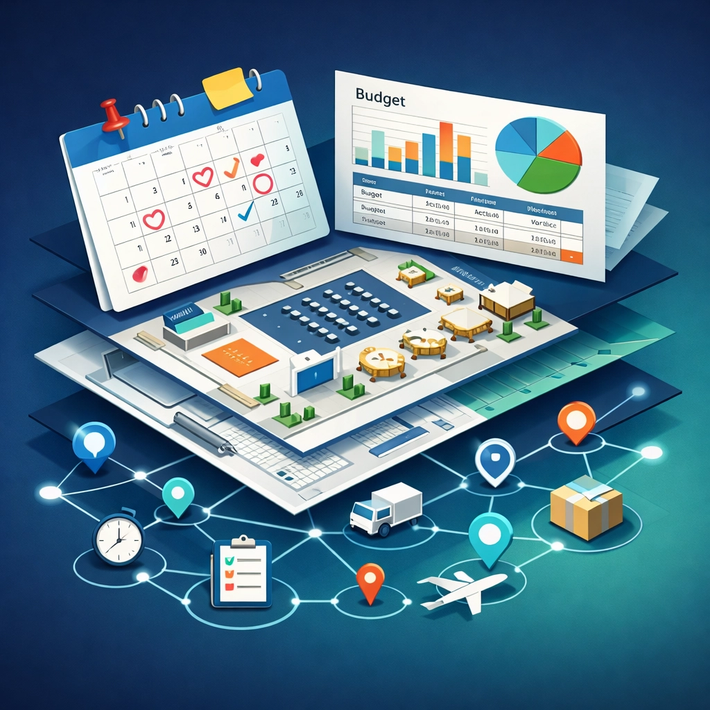 Event planning logistics with calendar, budget spreadsheet, and venue floor plans for seminar success