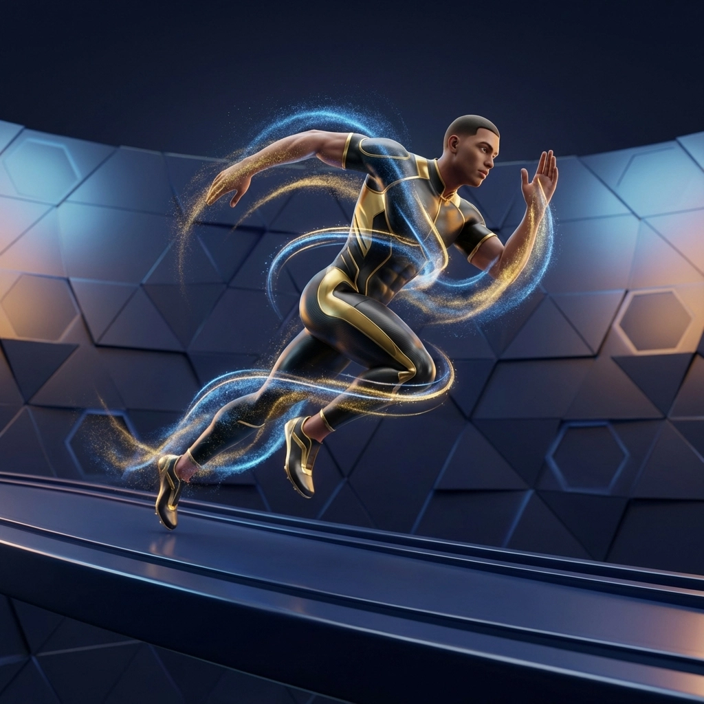 Athlete running on a track surrounded by blue and gold streams visualizing electrolyte-powered performance.