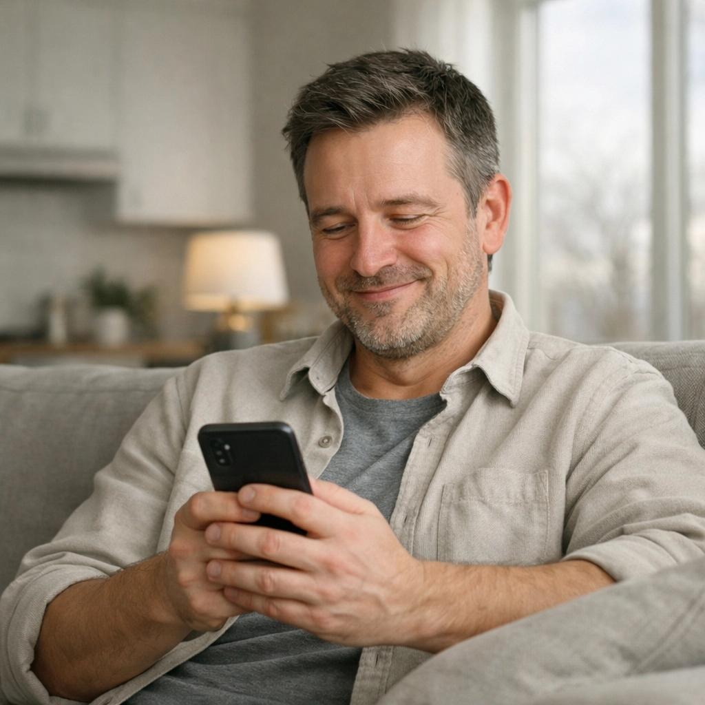 Person checking phone at home after getting approved for a fast cash loan online in Canada