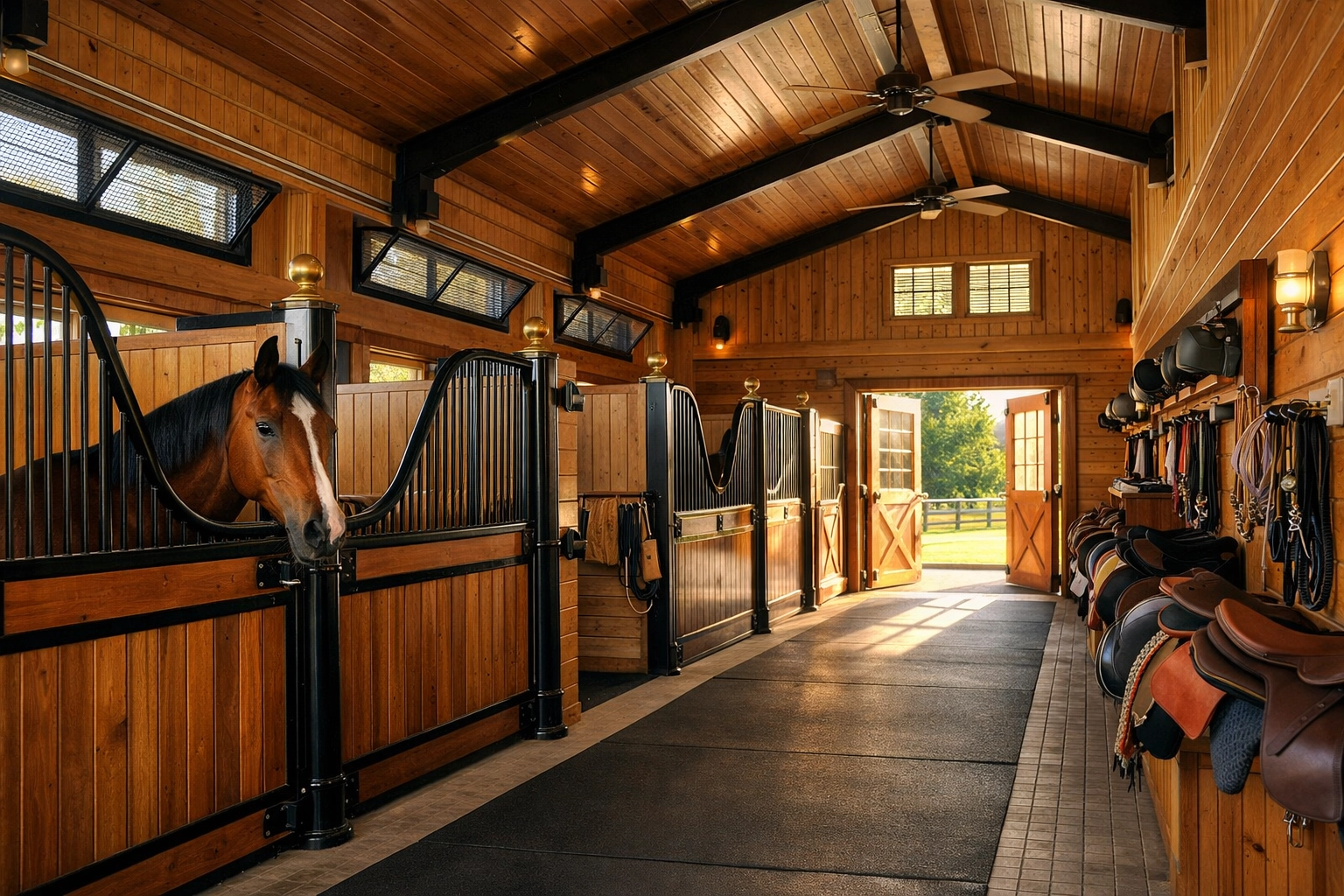 Horse barn interior with stalls and natural light at Waxhaw equestrian property