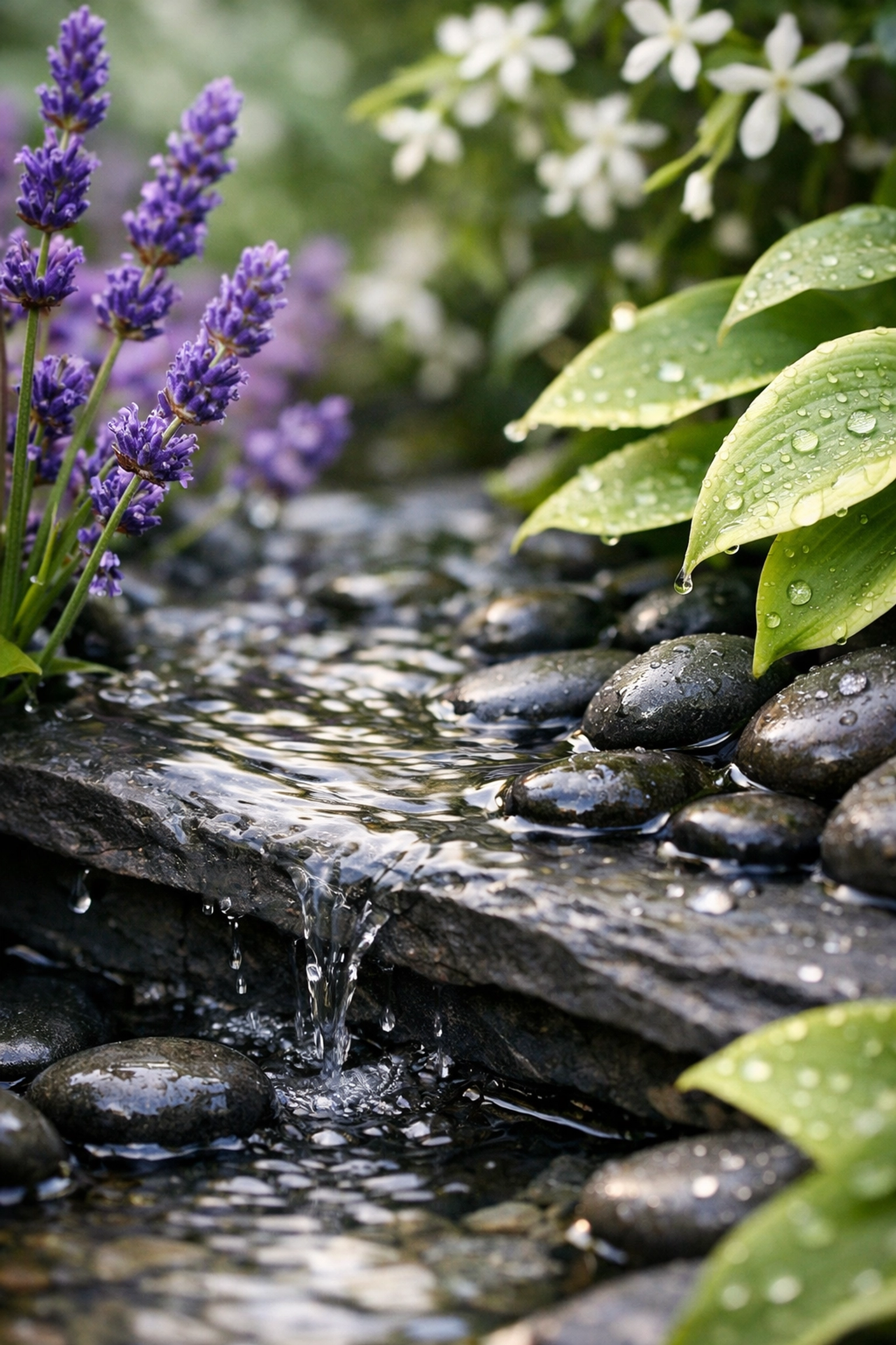 Minimalist garden water feature with sensory lavender plants for relaxation in the Vale.