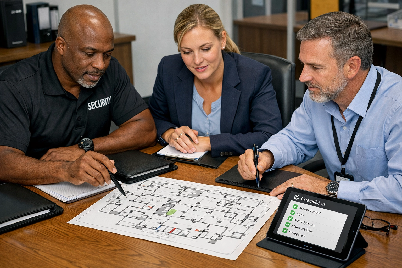 Security consultants conducting a strategy meeting to prepare for a successful SIA ACS audit.