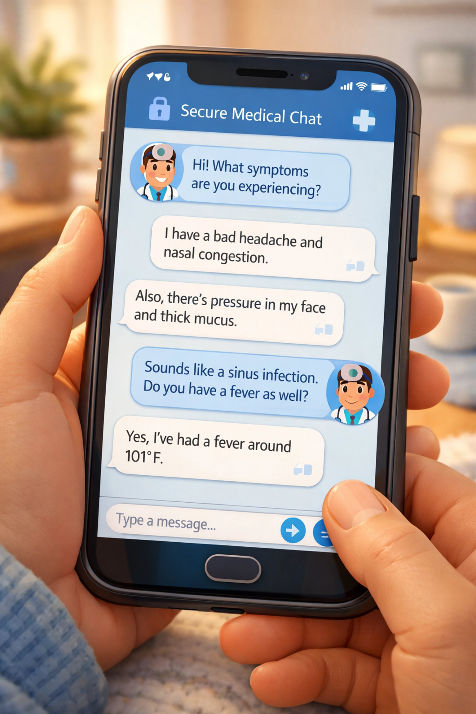 Patient texting with doctor about sinus infection symptoms through secure online medical chat platform