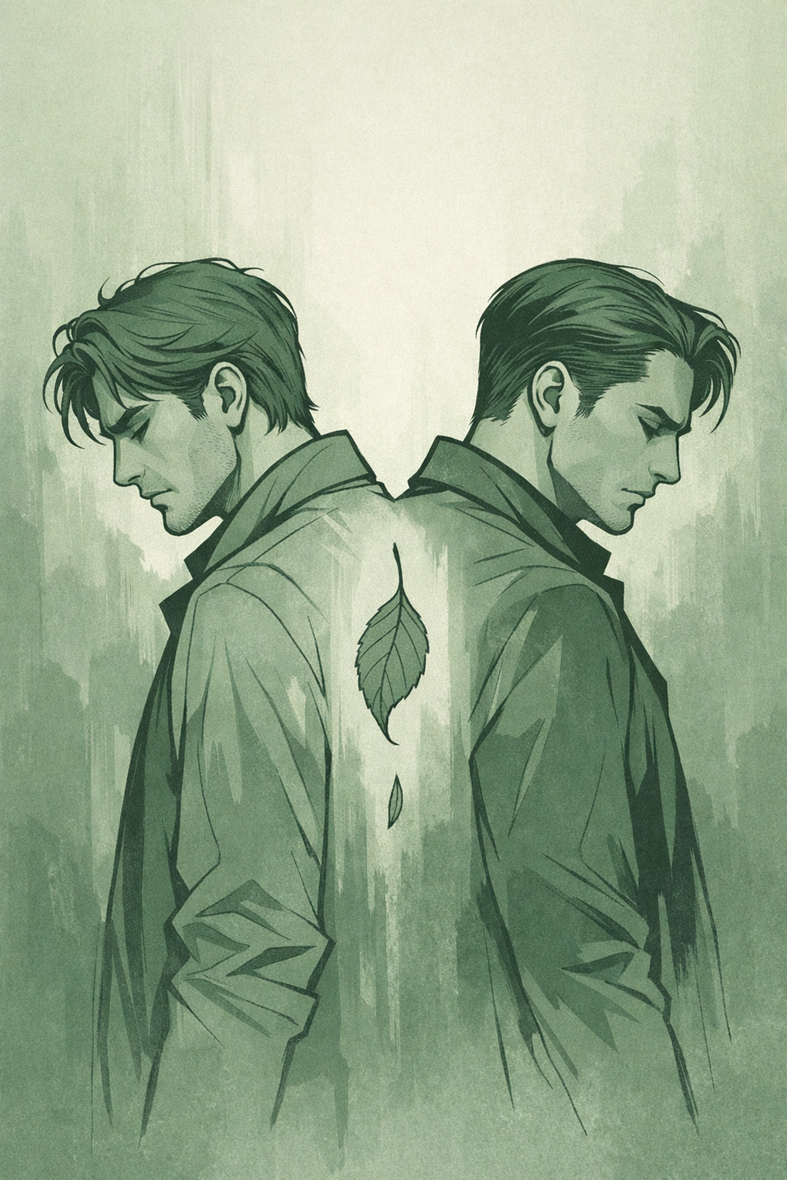 Silhouettes of two men back-to-back reflecting high-angst conflict and emotional distance in MM romance novels.