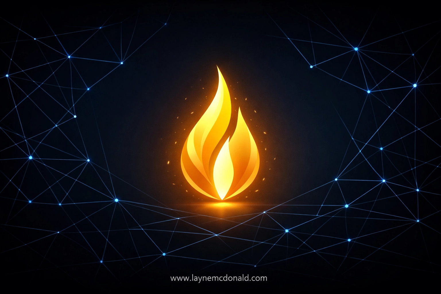 A glowing golden flame of spiritual focus surrounded by a digital network for Christian media creators.