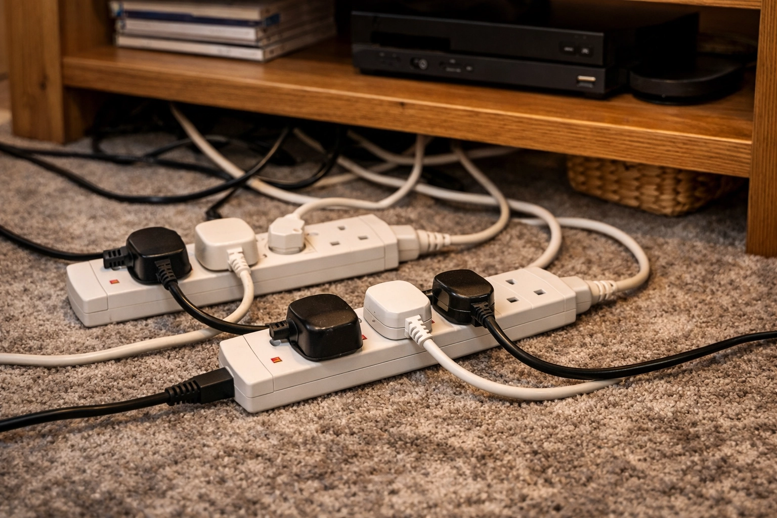 Unsafe daisy-chained UK extension leads on a living room floor, a common home electrical DIY mistake.