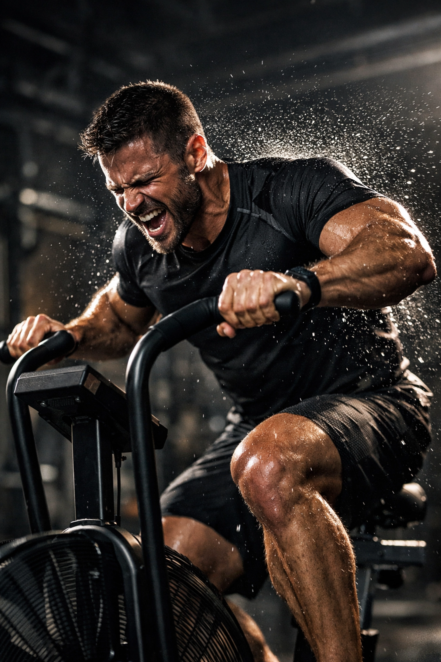 A professional performing high-intensity interval training (HIIT) on an assault bike for maximum efficiency.