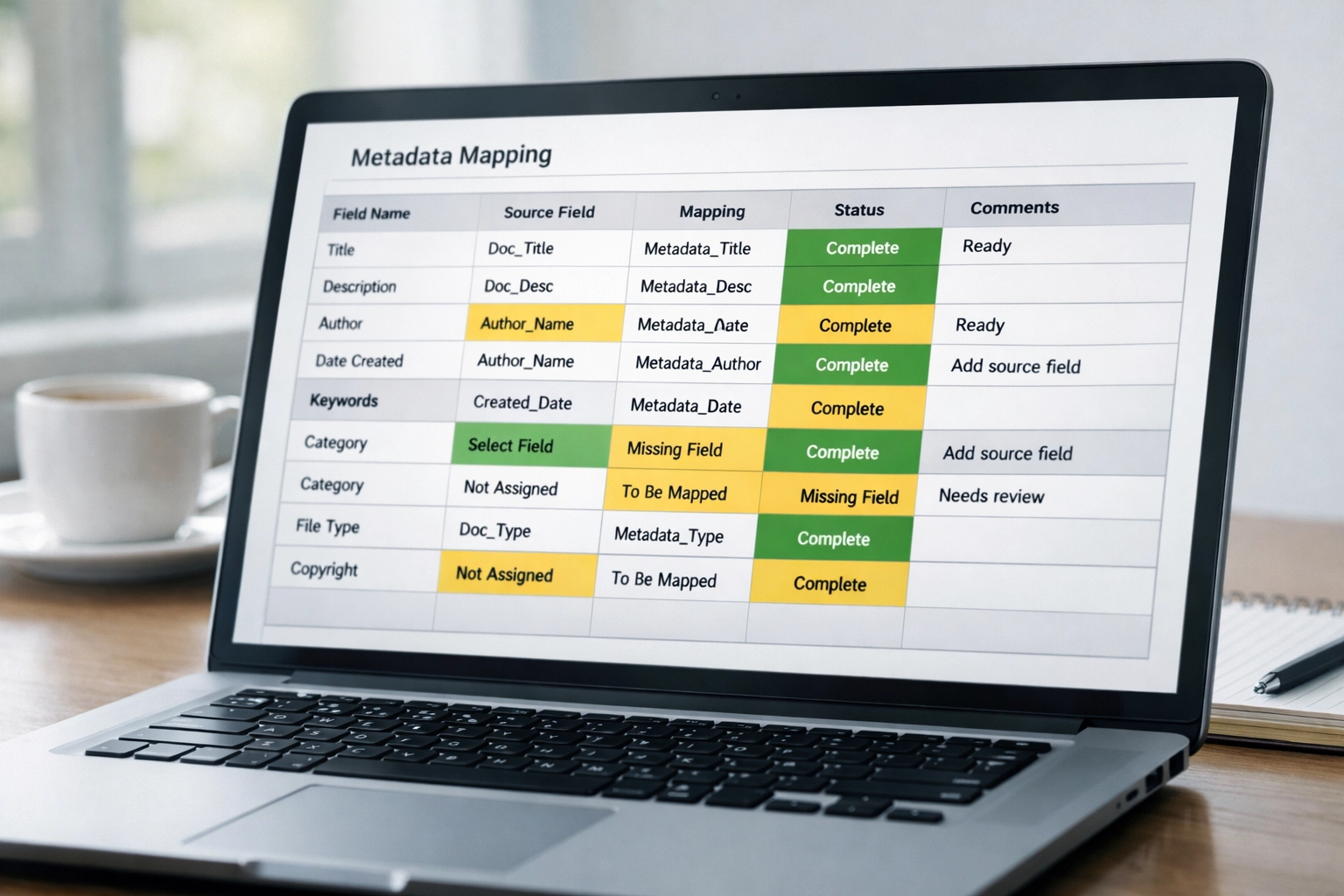 Metadata field mapping spreadsheet for preserving SEO data during CMS migration
