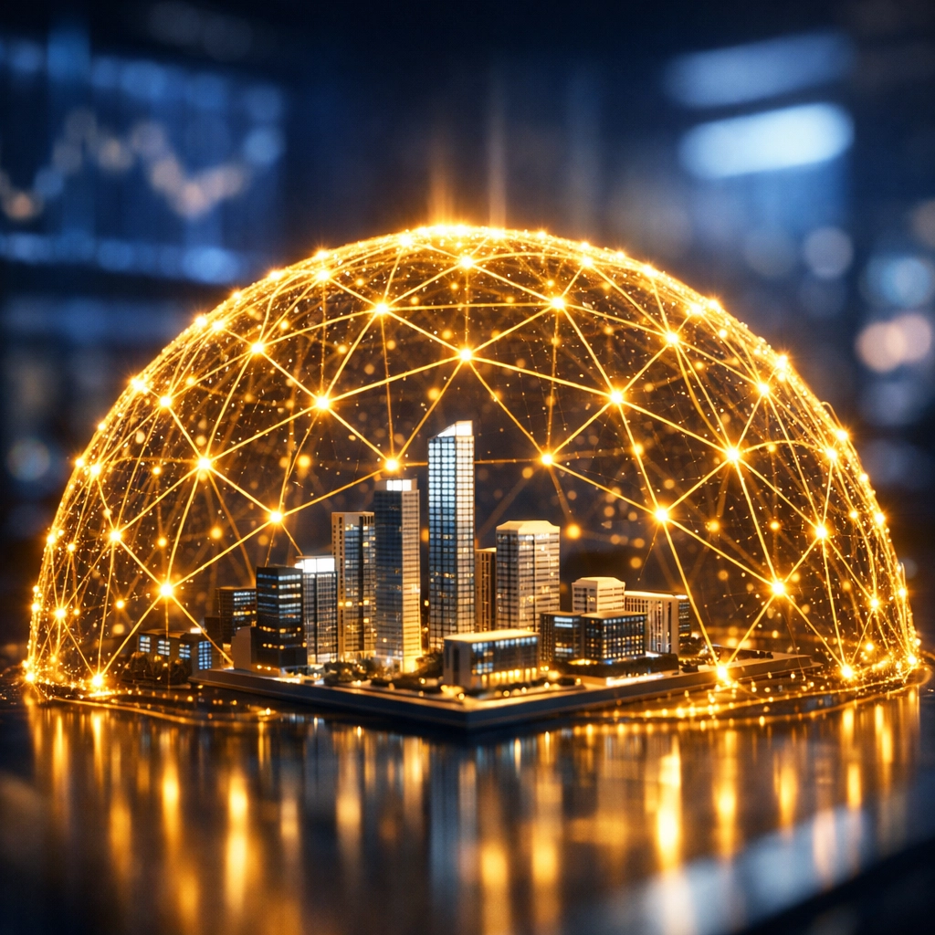 A protective golden light dome over a business district symbolizing financial security and a business line of credit.