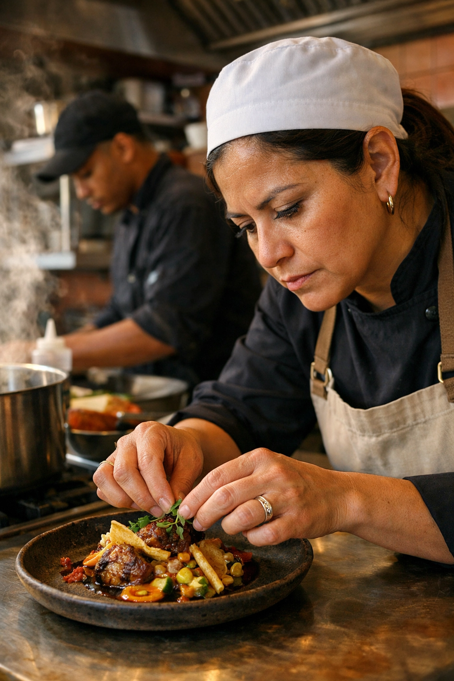 Latina chef plating a dish at Maria Isabel, showcasing expert restaurant brand development in SF.