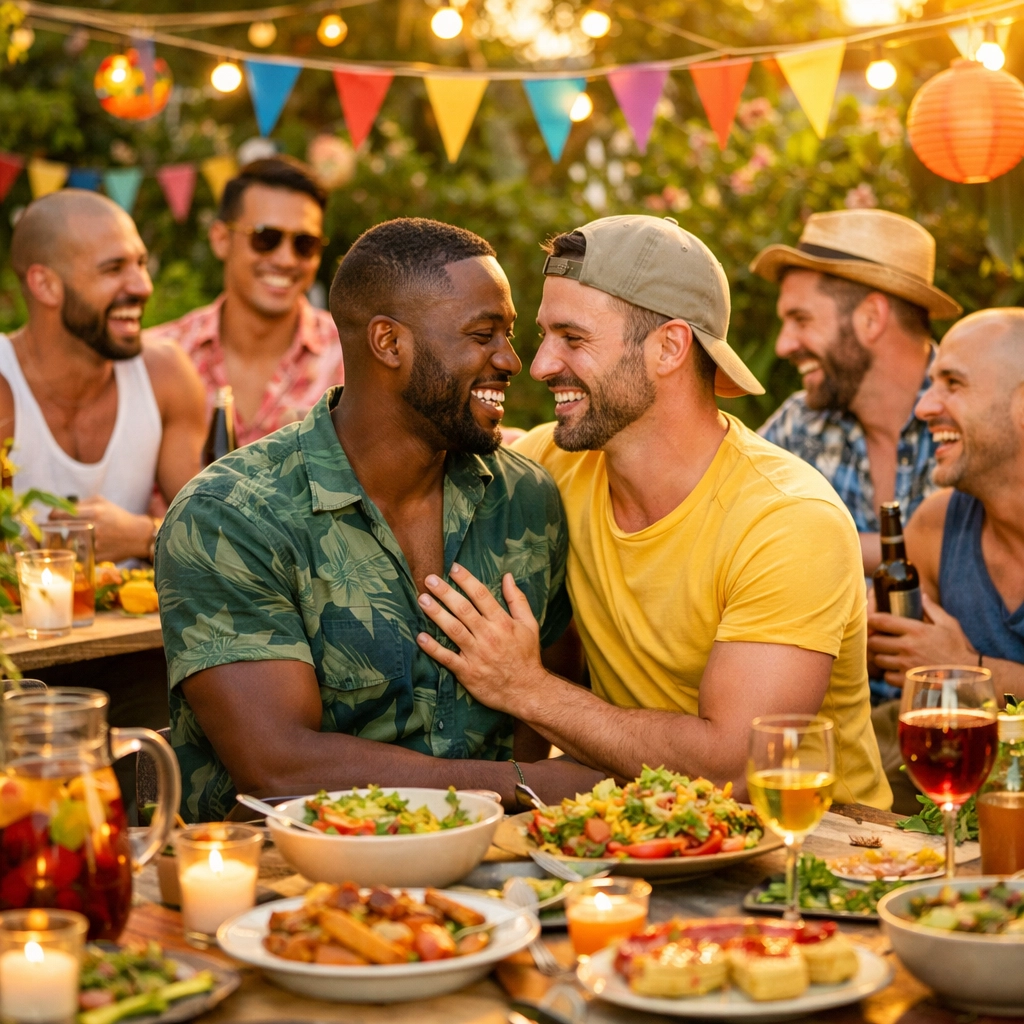 Gay men laughing at a garden party, celebrating community and authentic living in LGBTQ+ fiction.