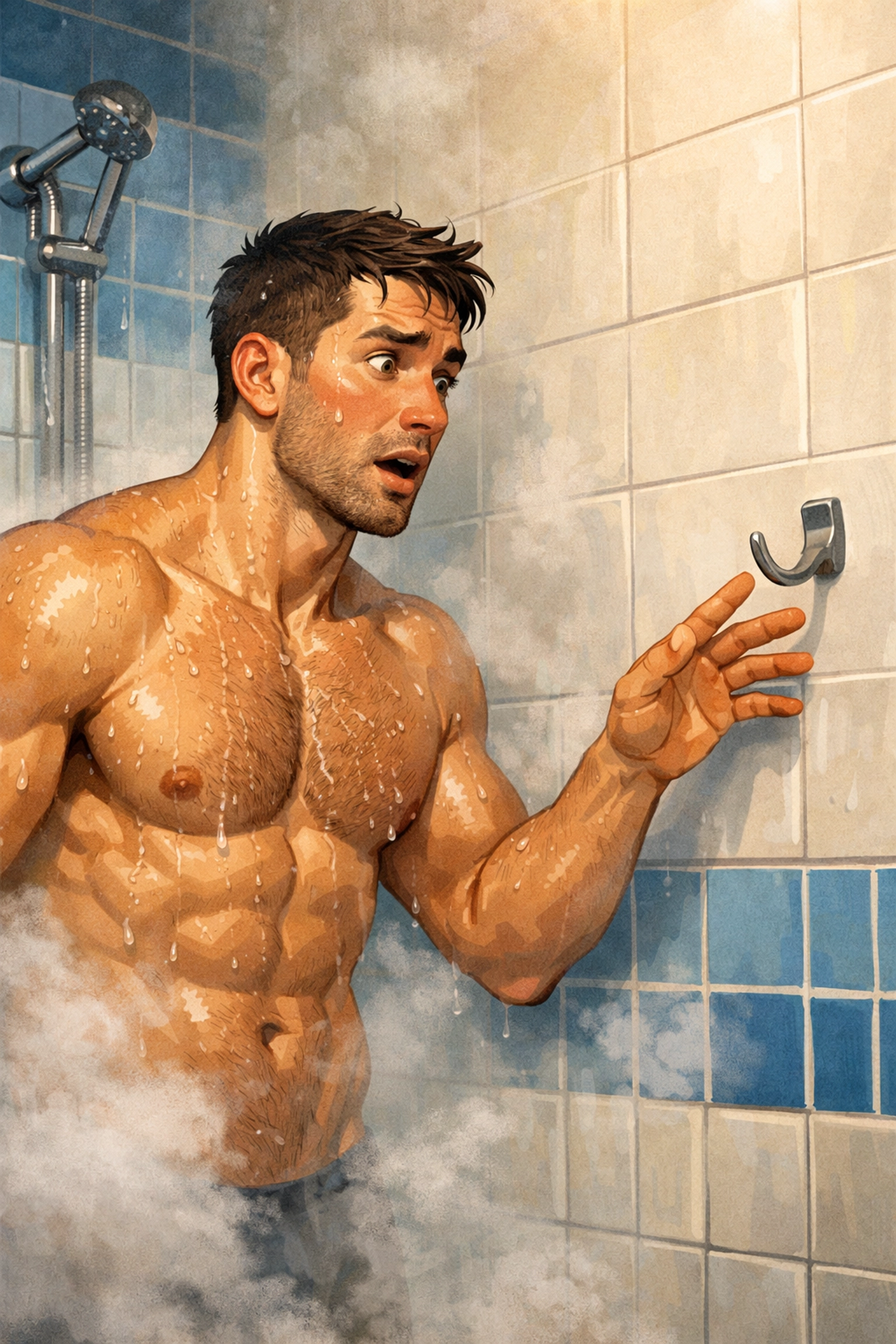Man in gym shower reaching for missing towel on empty hook - a relatable locker room problem