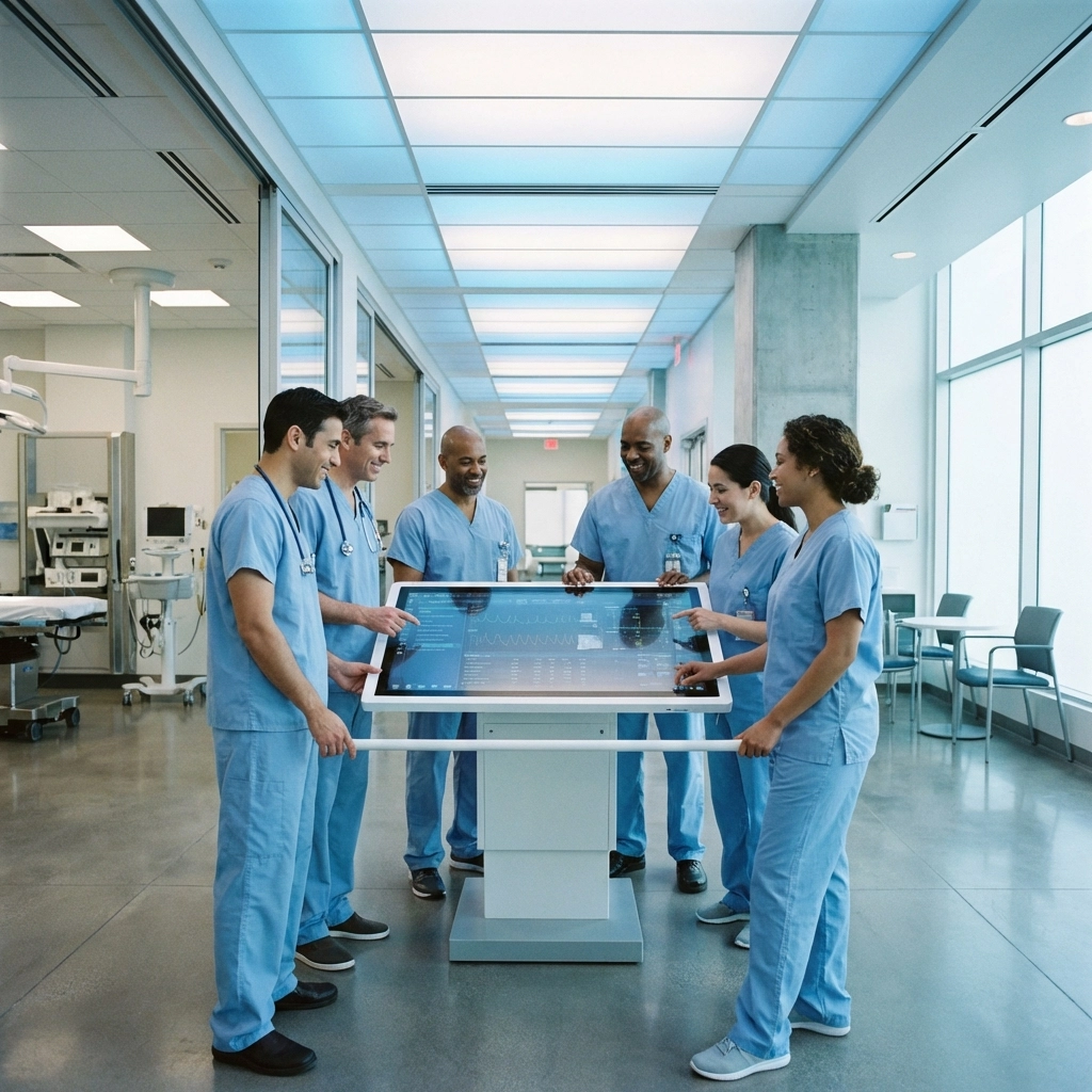 Diverse medical team discussing new cardiovascular and spine procedures in ASC hallway