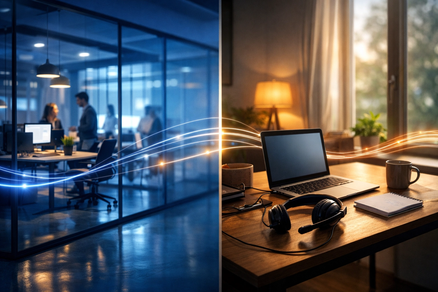 Modern office space and remote home office connected by unified phone system technology